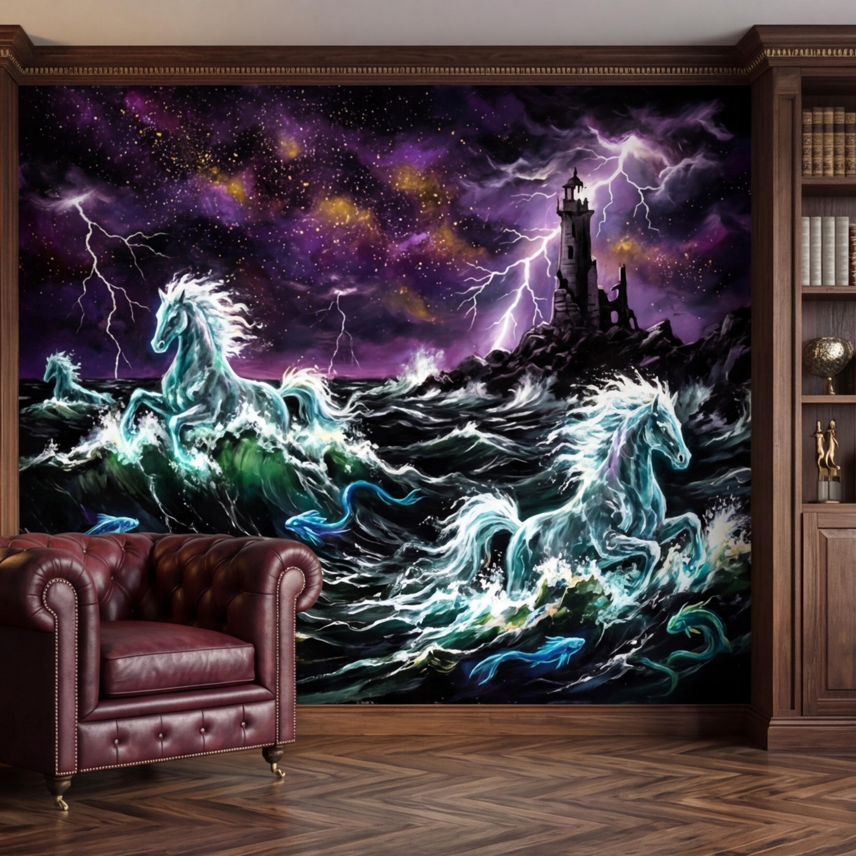 Stormy Ocean Seahorse Peel and Stick Removable Wall Mural, Lightning Lighthouse Fantasy Ocean Wallpaper
