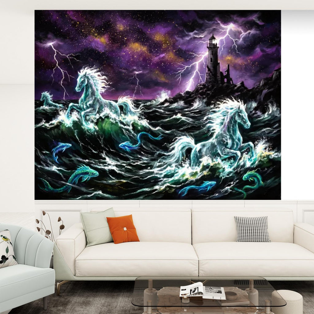 Stormy Ocean Seahorse Peel and Stick Removable Wall Mural, Lightning Lighthouse Fantasy Ocean Wallpaper