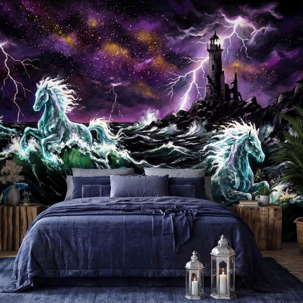 Stormy Ocean Seahorse Peel and Stick Removable Wall Mural, Lightning Lighthouse Fantasy Ocean Wallpaper