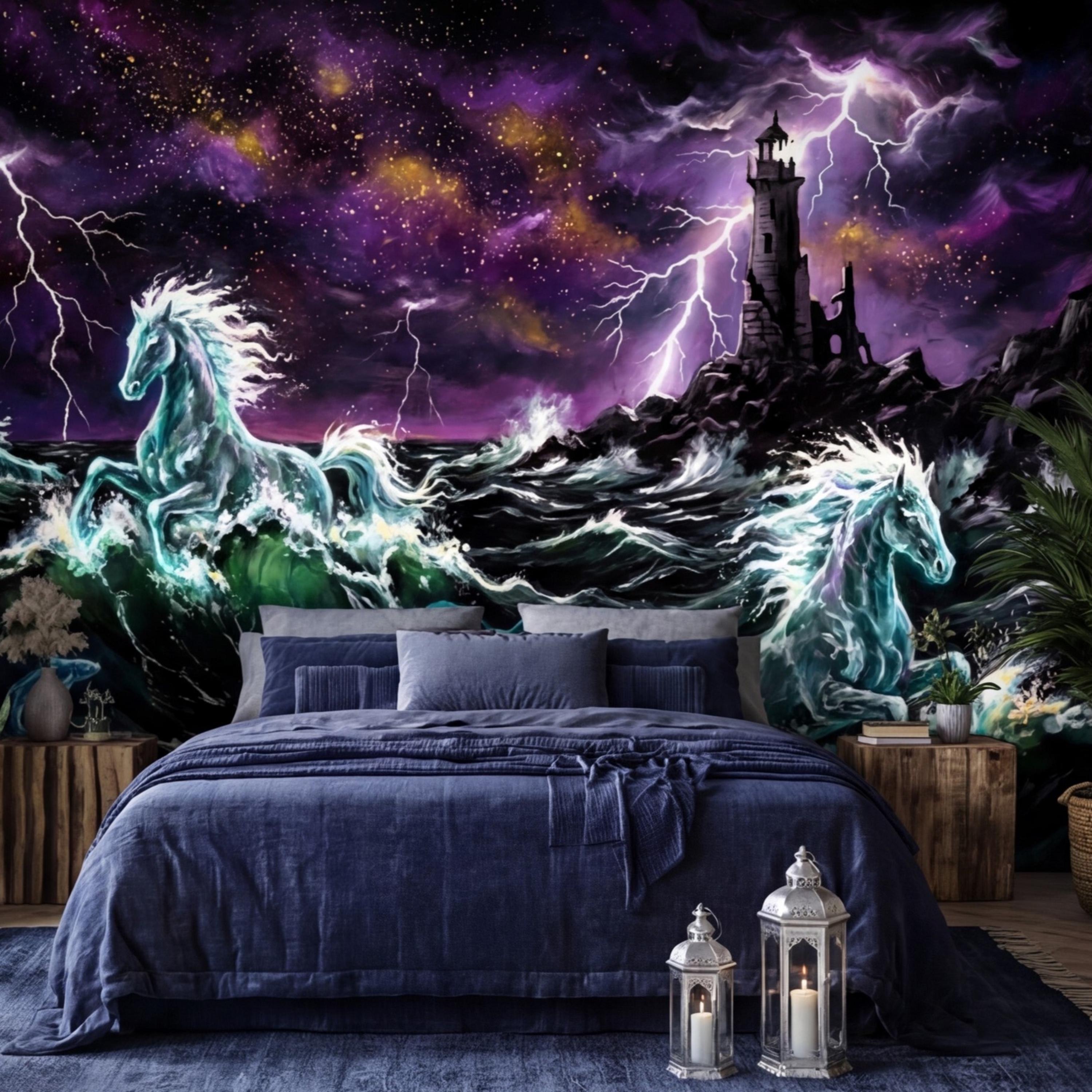 Stormy Ocean Seahorse Peel and Stick Removable Wall Mural, Lightning Lighthouse Fantasy Ocean Wallpaper