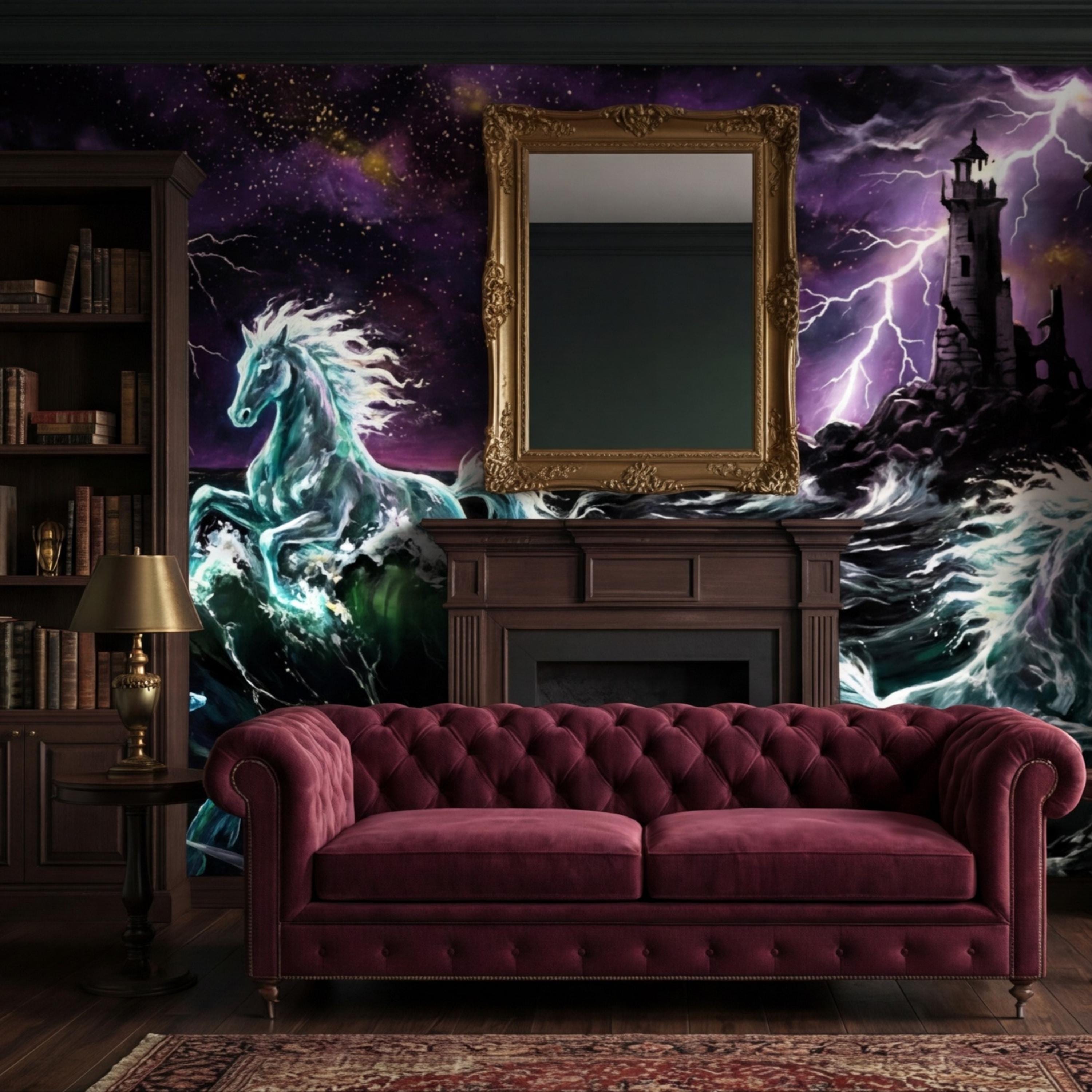 Stormy Ocean Seahorse Peel and Stick Removable Wall Mural, Lightning Lighthouse Fantasy Ocean Wallpaper