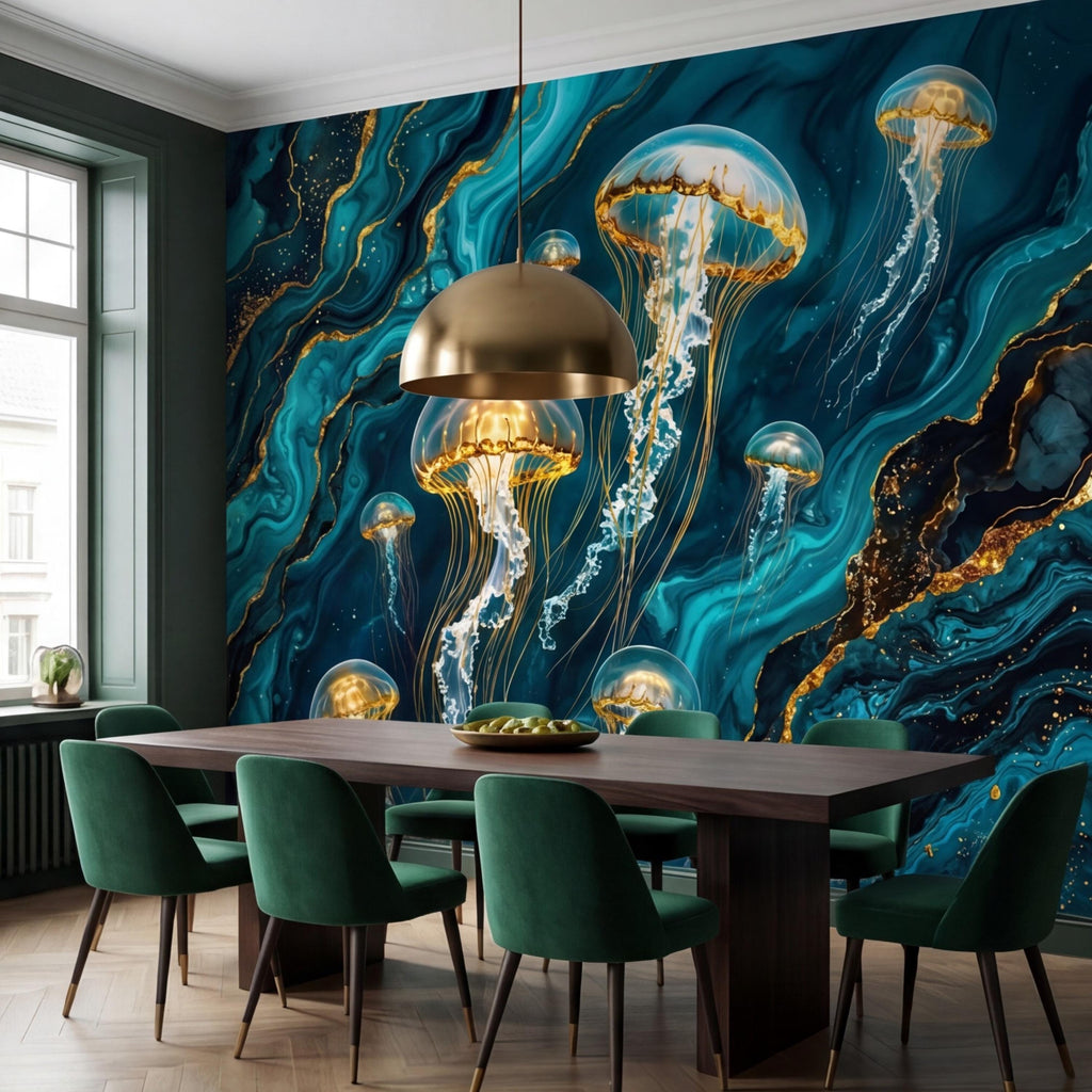 Luxury Teal Gold Look Jellyfish Peel and Stick Wall Mural, Abstract Underwater Ocean Removable Wallpaper Bathroom Bedroom Decor Wall Art