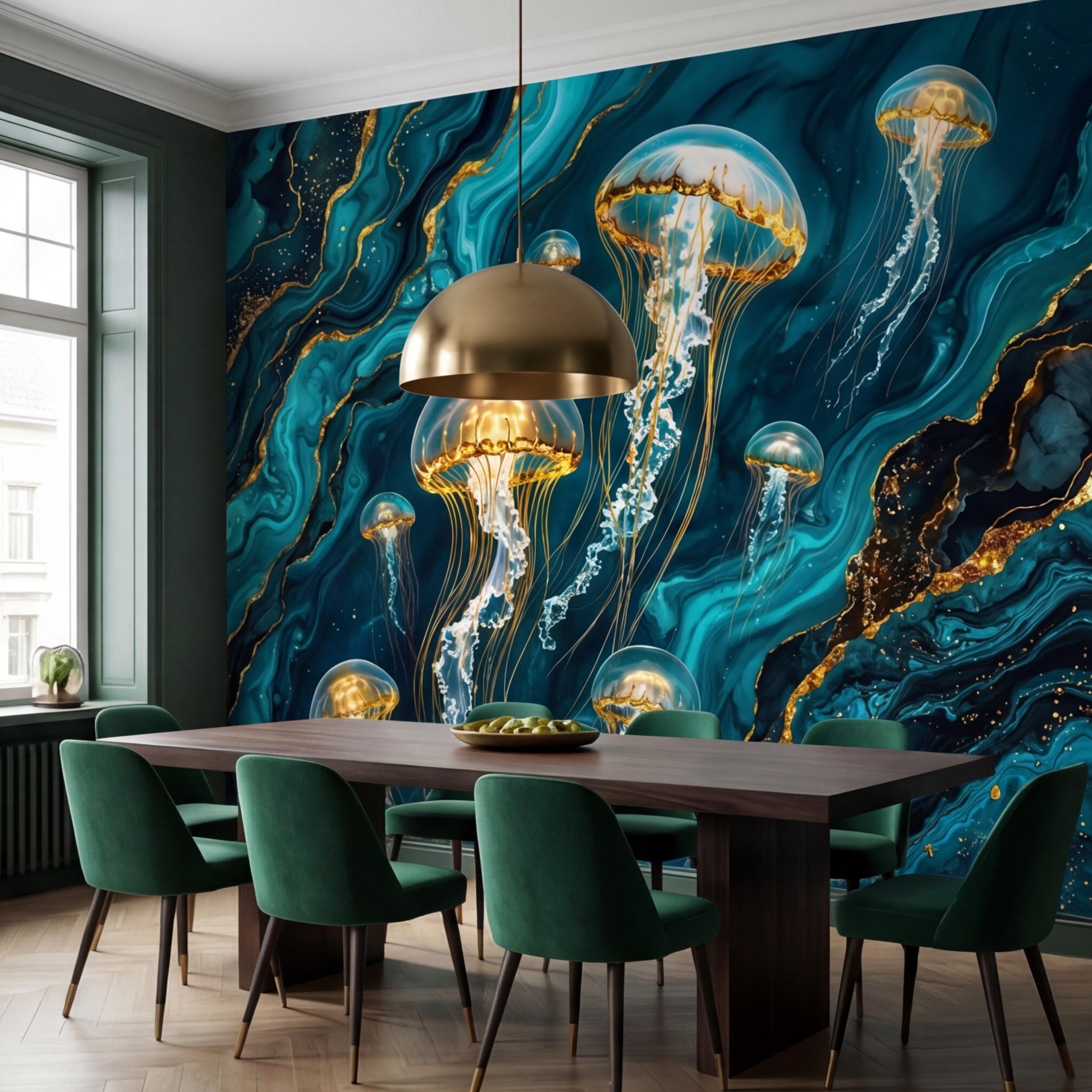 Luxury Teal Gold Look Jellyfish Peel and Stick Wall Mural, Abstract Underwater Ocean Removable Wallpaper Bathroom Bedroom Decor Wall Art
