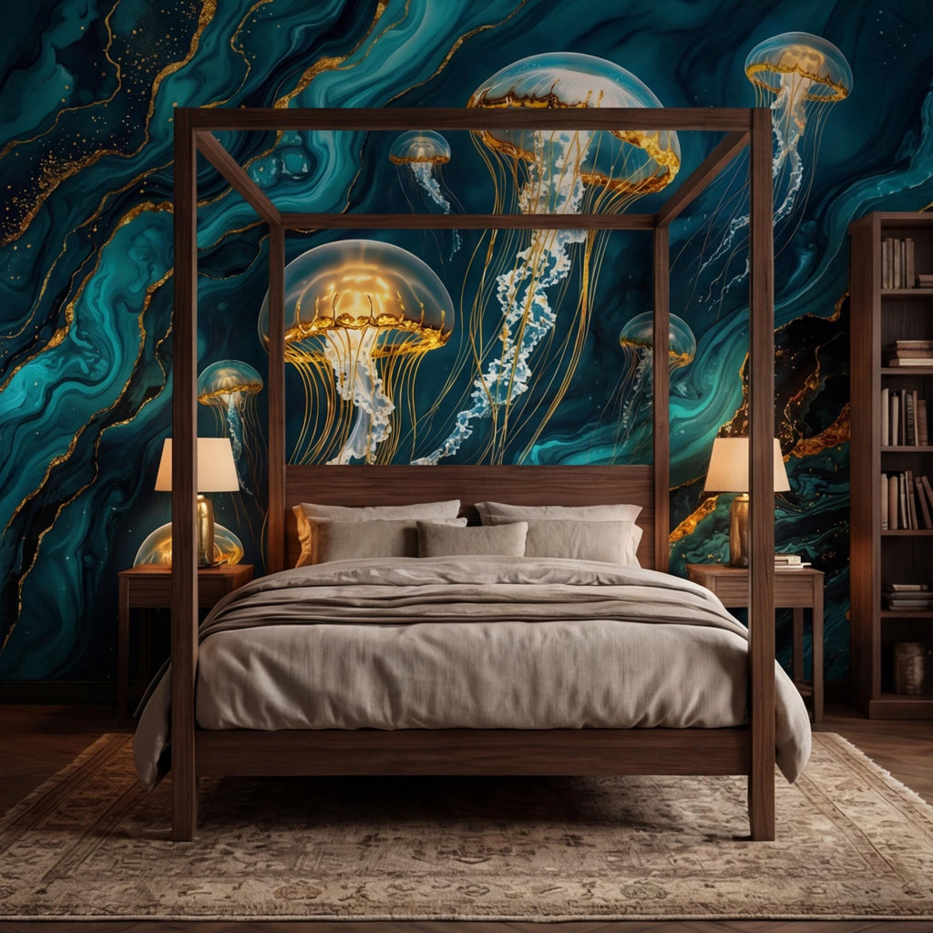 Luxury Teal Gold Look Jellyfish Peel and Stick Wall Mural, Abstract Underwater Ocean Removable Wallpaper Bathroom Bedroom Decor Wall Art