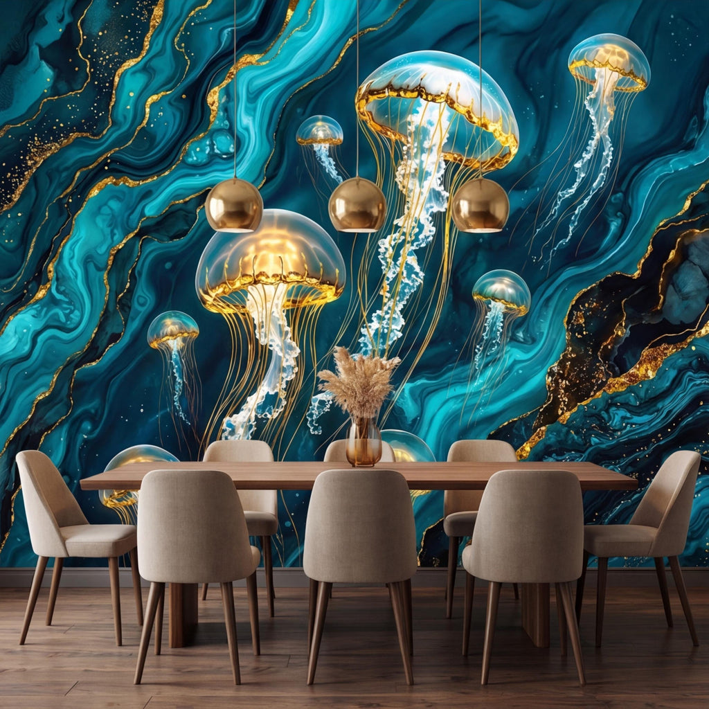 Luxury Teal Gold Look Jellyfish Peel and Stick Wall Mural, Abstract Underwater Ocean Removable Wallpaper Bathroom Bedroom Decor Wall Art