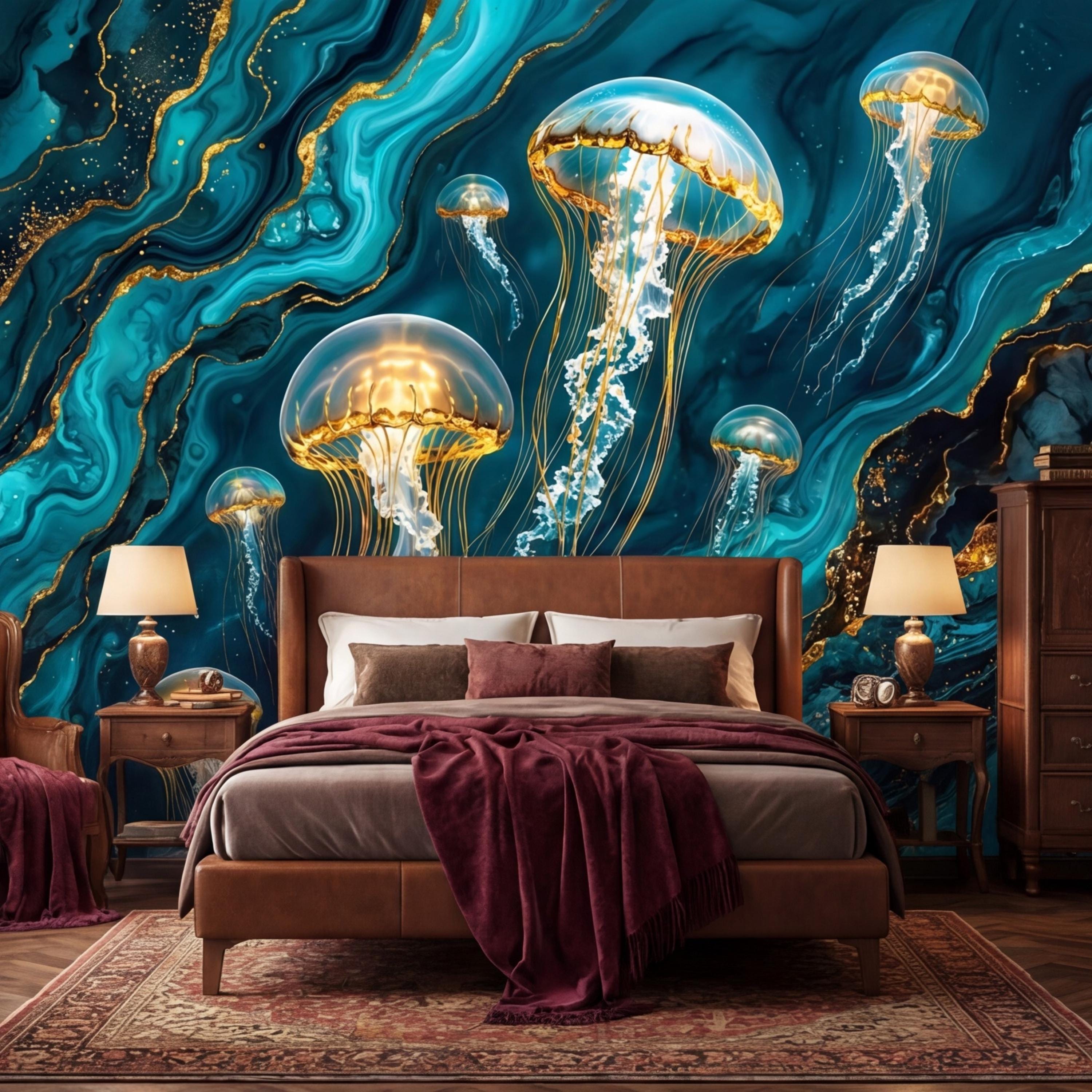 Luxury Teal Gold Look Jellyfish Peel and Stick Wall Mural, Abstract Underwater Ocean Removable Wallpaper Bathroom Bedroom Decor Wall Art