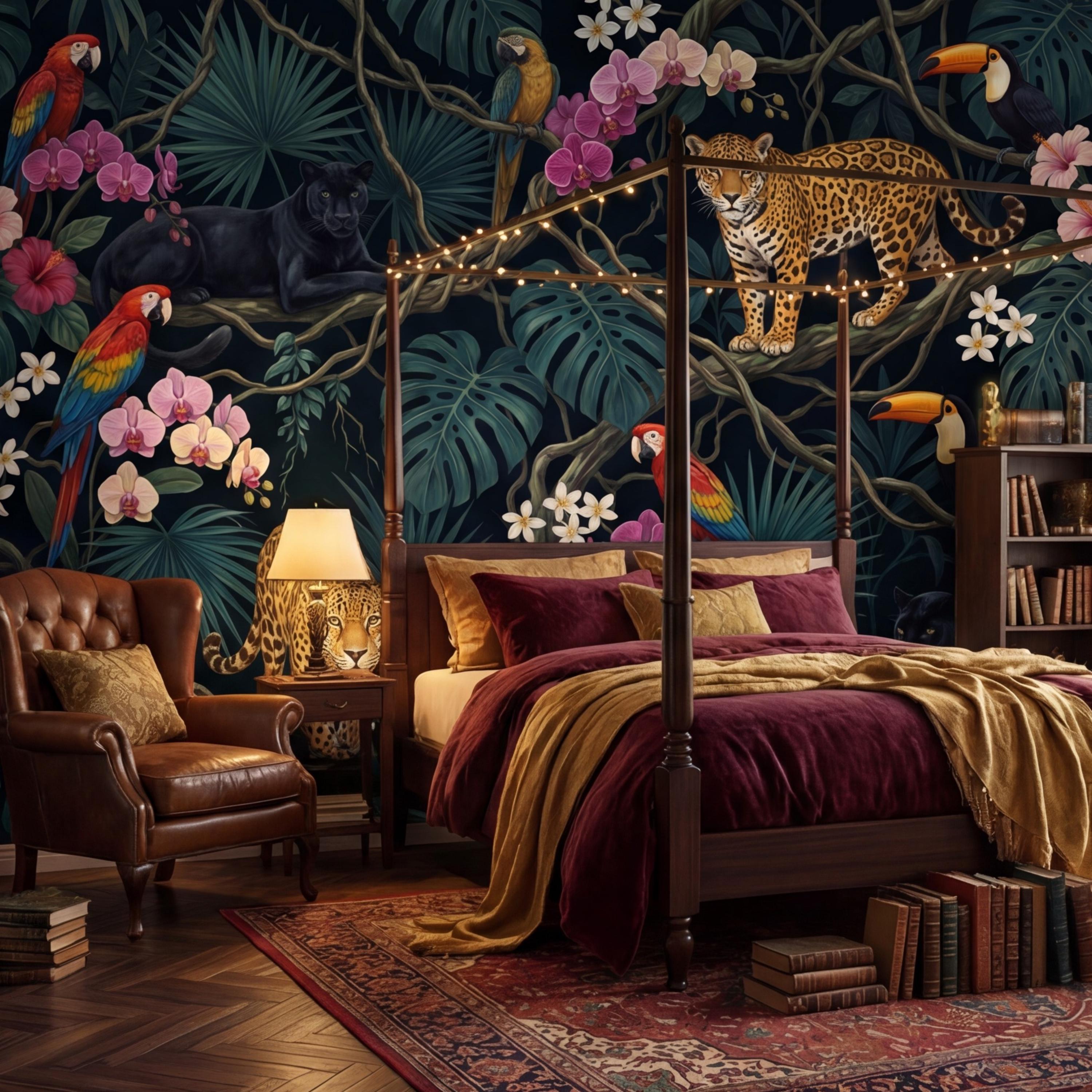 Tropical Jungle Peel and Stick Wall Mural Leopard Panther Parrot Toucan Removable Wallpaper Dark Botanical Kids Room Decor