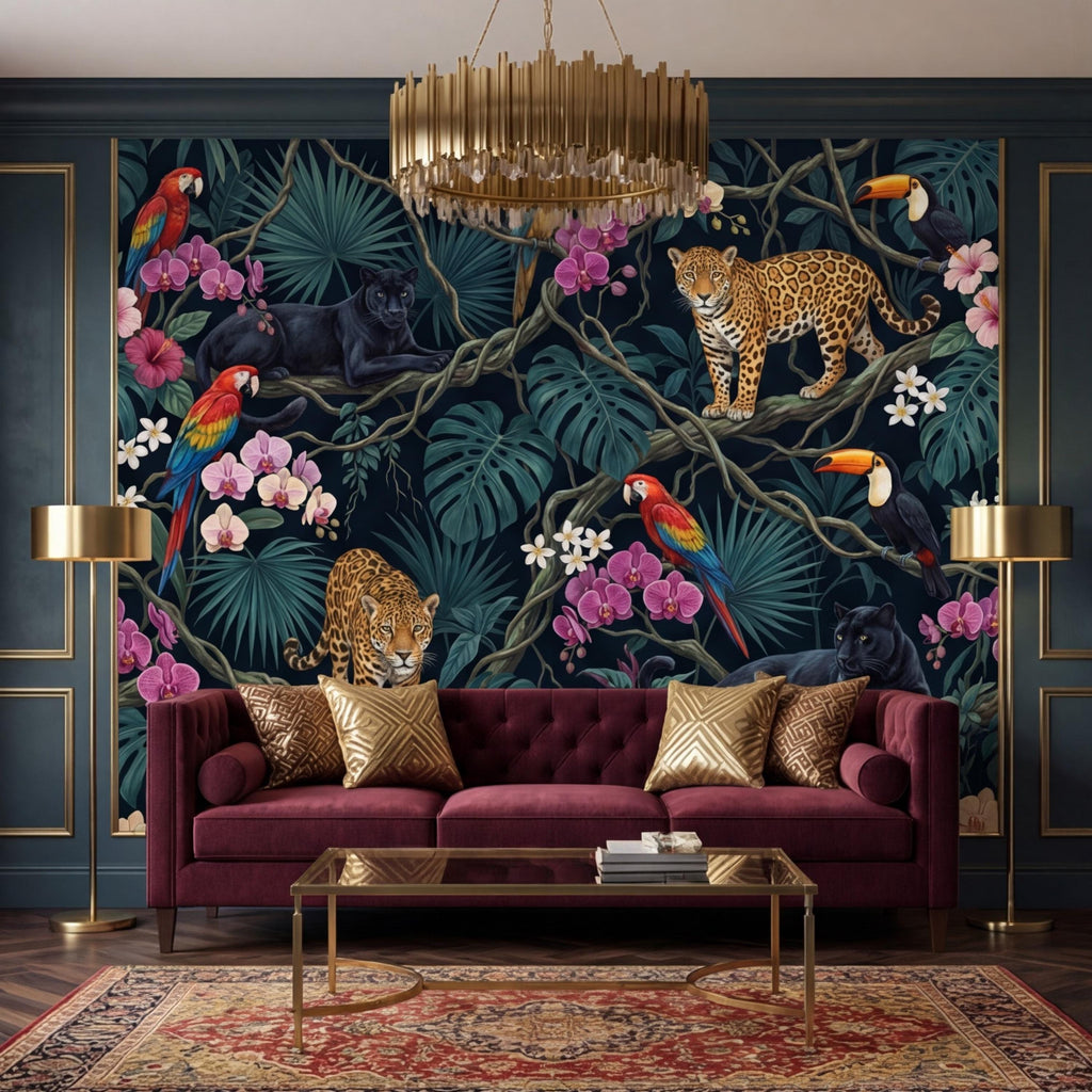 Tropical Jungle Peel and Stick Wall Mural Leopard Panther Parrot Toucan Removable Wallpaper Dark Botanical Kids Room Decor