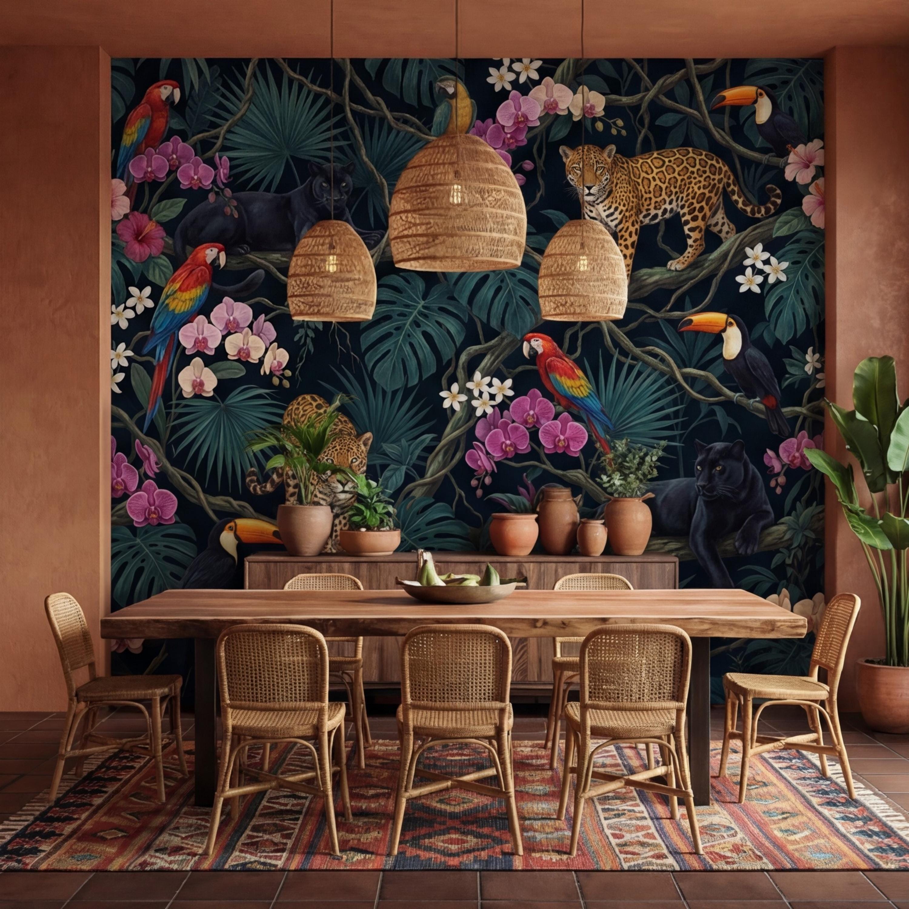 Tropical Jungle Peel and Stick Wall Mural Leopard Panther Parrot Toucan Removable Wallpaper Dark Botanical Kids Room Decor