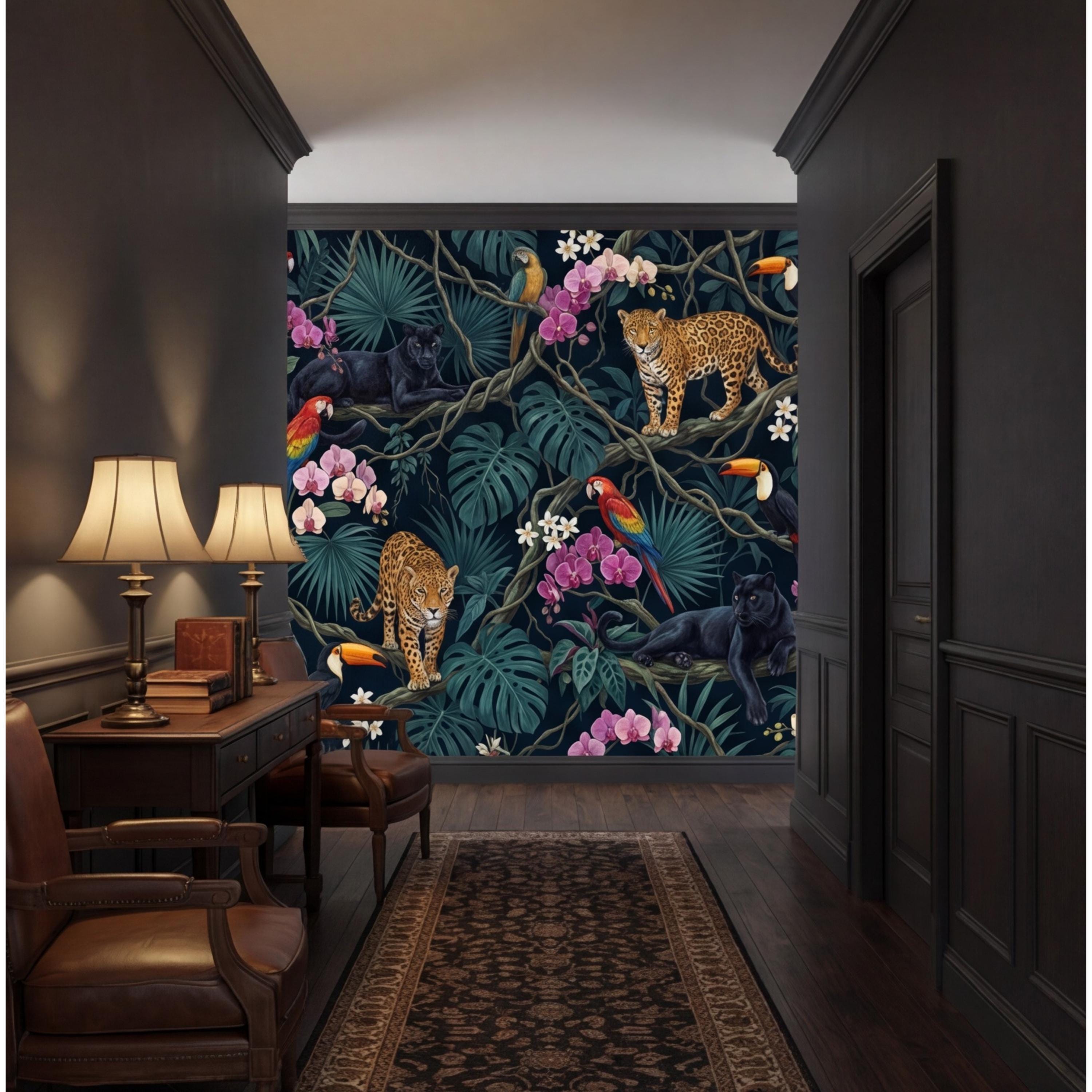 Tropical Jungle Peel and Stick Wall Mural Leopard Panther Parrot Toucan Removable Wallpaper Dark Botanical Kids Room Decor