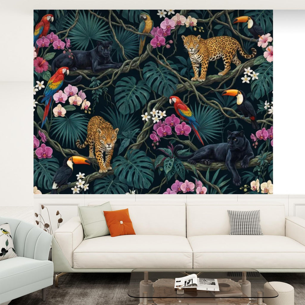 Tropical Jungle Peel and Stick Wall Mural Leopard Panther Parrot Toucan Removable Wallpaper Dark Botanical Kids Room Decor