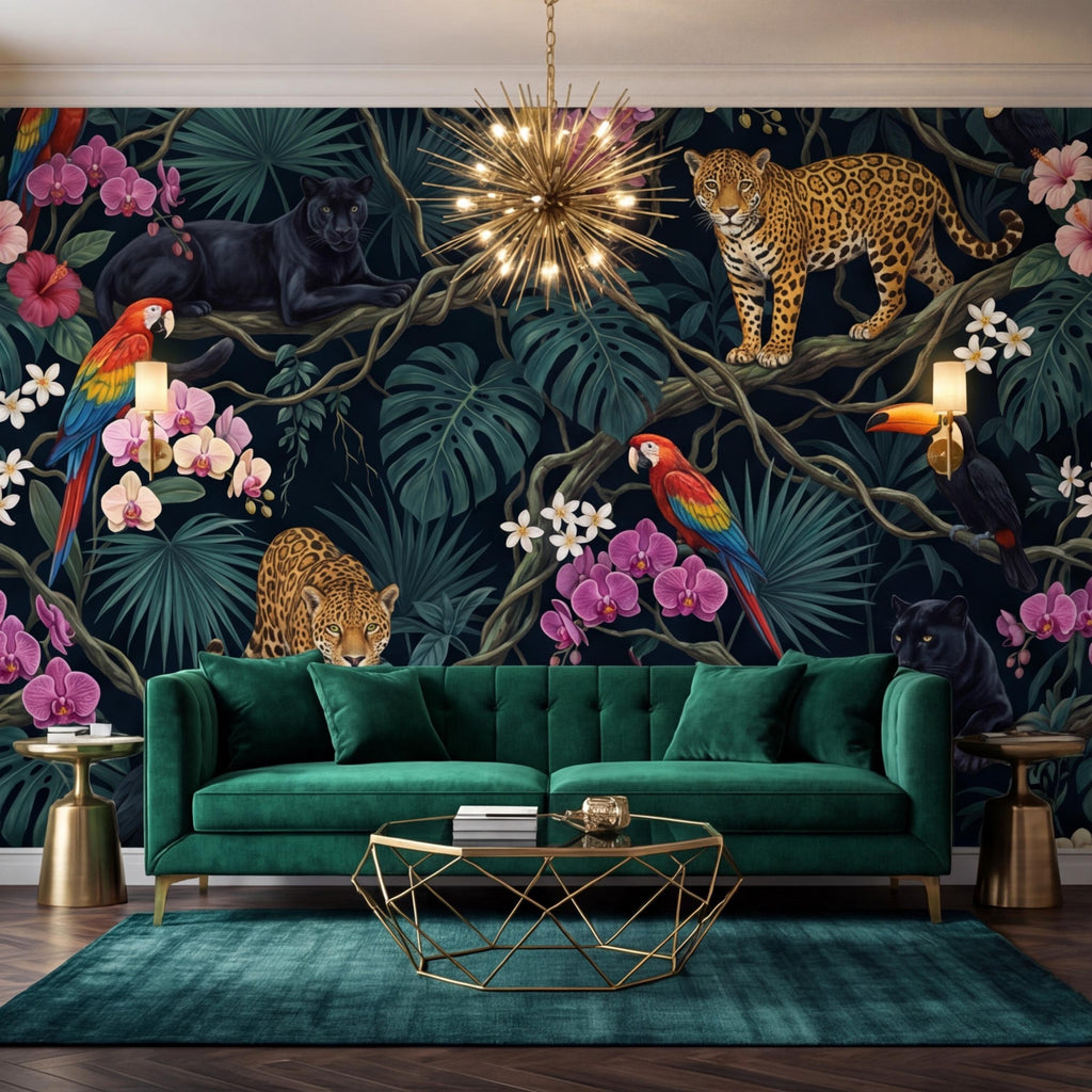 Tropical Jungle Peel and Stick Wall Mural Leopard Panther Parrot Toucan Removable Wallpaper Dark Botanical Kids Room Decor