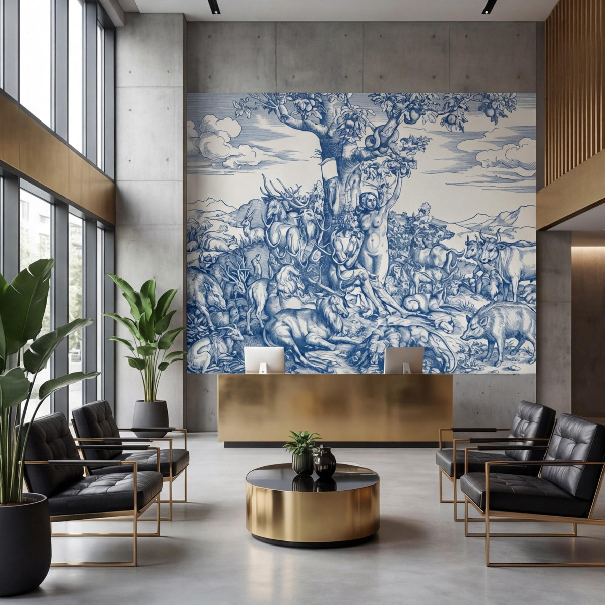 Blue toile wall mural with large tree scene, cherub figure, and surrounding animals