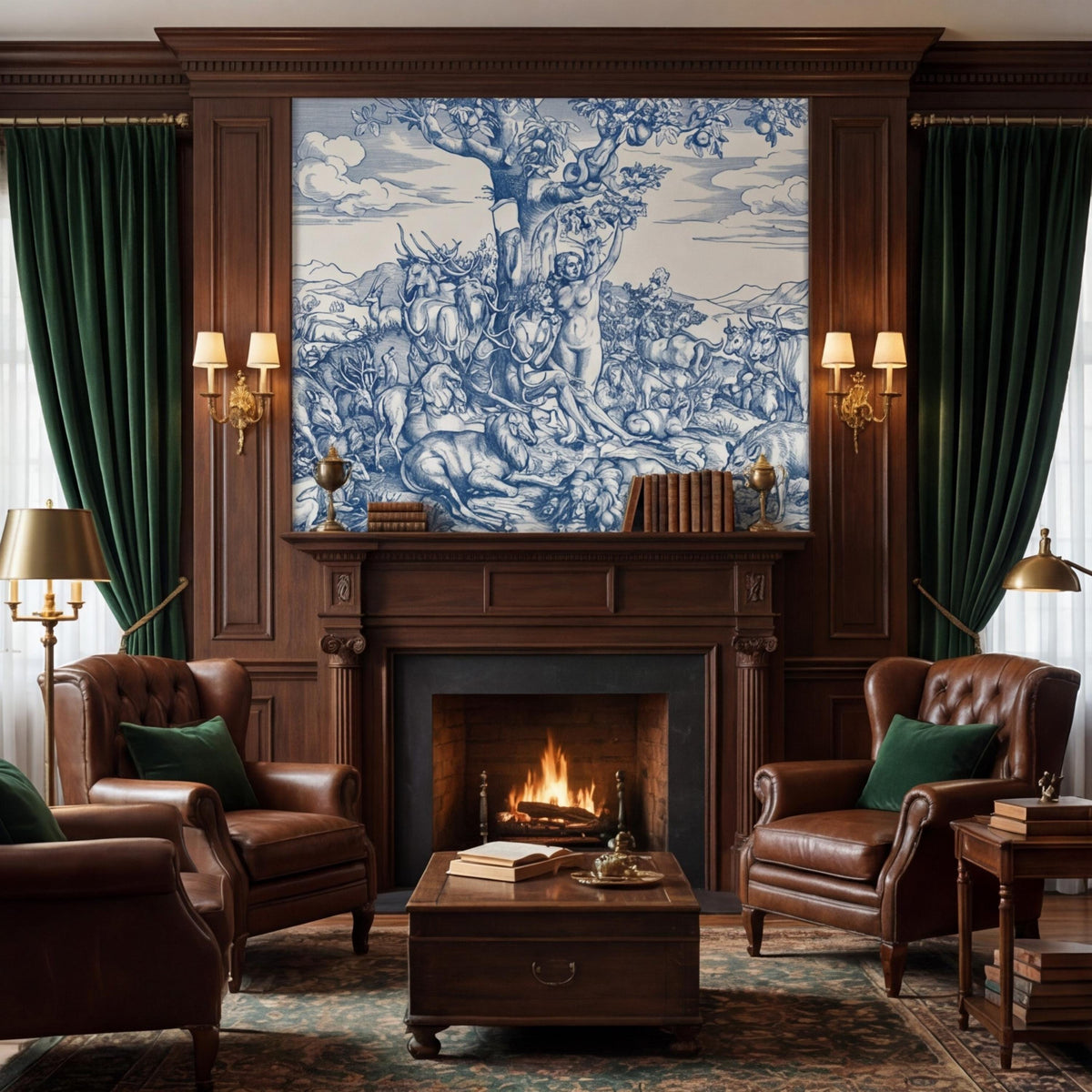 Blue toile wall mural in a framed fireplace wall, showing animals and biblical figures