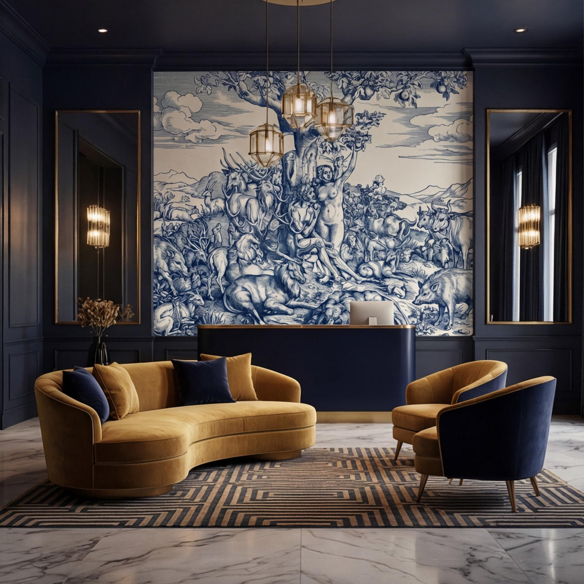 Blue toile wall mural with detailed biblical garden scene etched in vintage style