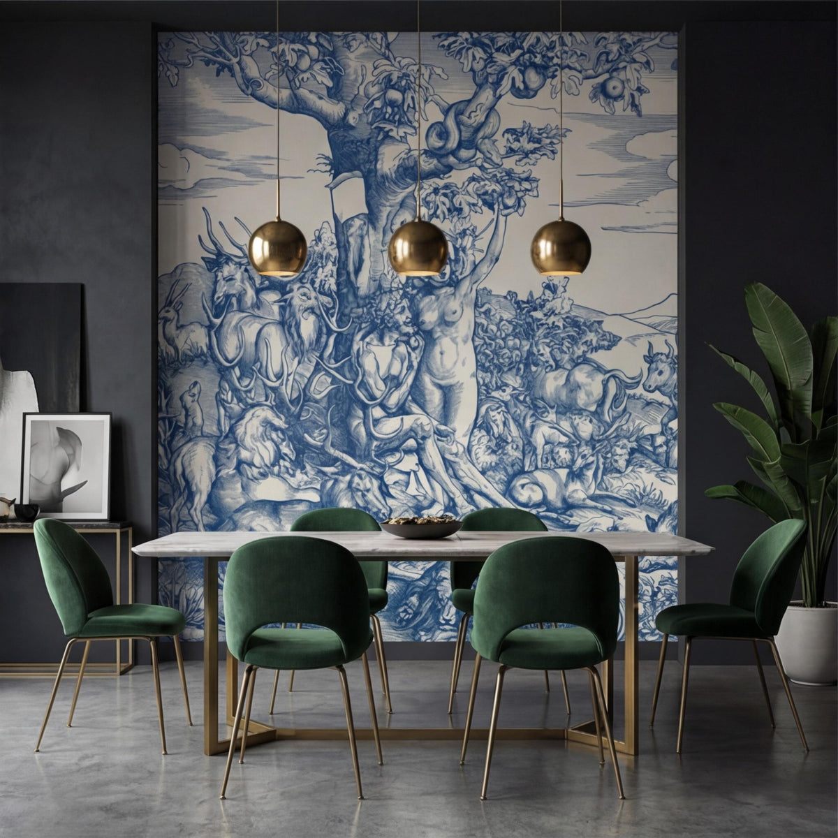 Blue toile wall mural with busy animal scene and central carved-figure composition
