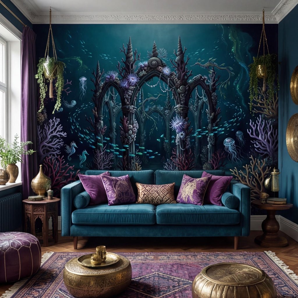 Underwater Ruins Ocean Peel and Stick Wall Mural, Fantasy Coral Reef Removable Wallpaper Bathroom Kids Room Bedroom Decor