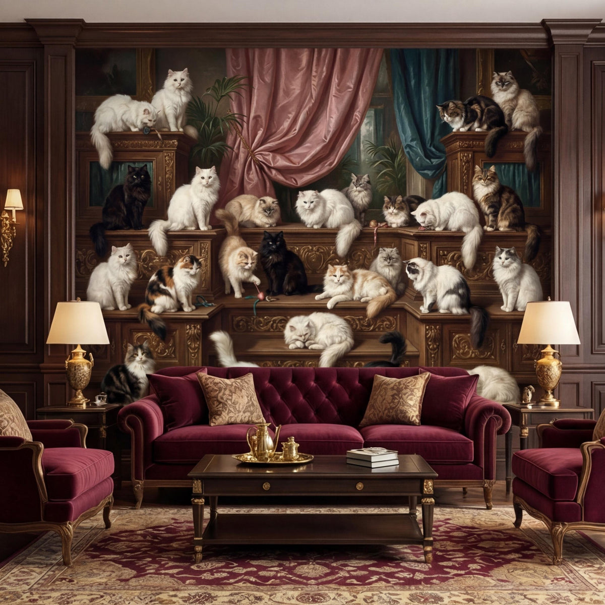Baroque cat wall mural with white, black, and tabby cats on ornate shelves and drapes