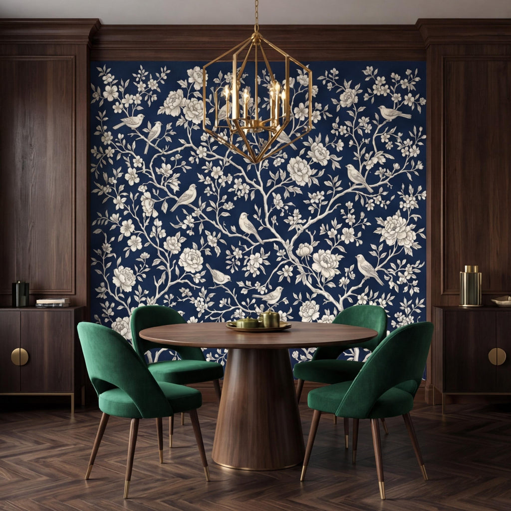 Navy Blue Chinoiserie Bird Floral Peel and Stick Removable Wall Mural, French Country Bedroom Wallpaper Navy Toile Decor