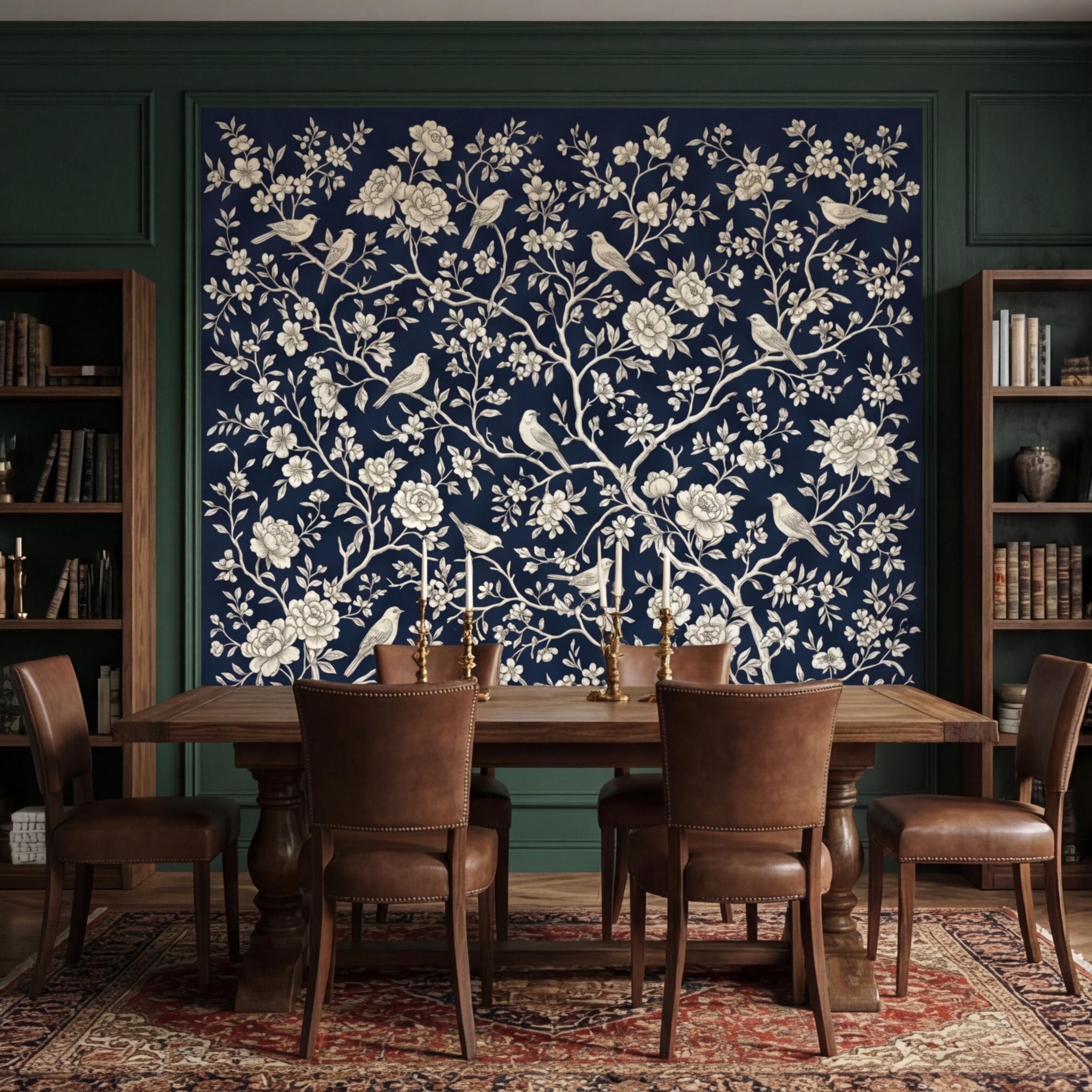 Navy Blue Chinoiserie Bird Floral Peel and Stick Removable Wall Mural, French Country Bedroom Wallpaper Navy Toile Decor