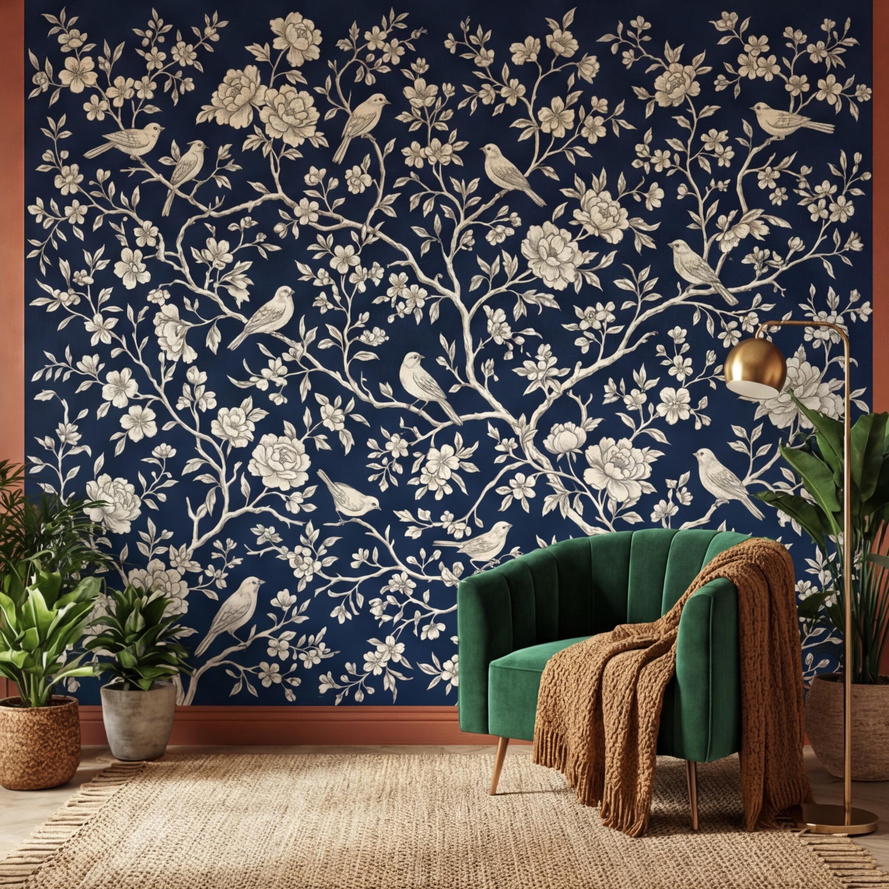 Navy Blue Chinoiserie Bird Floral Peel and Stick Removable Wall Mural, French Country Bedroom Wallpaper Navy Toile Decor
