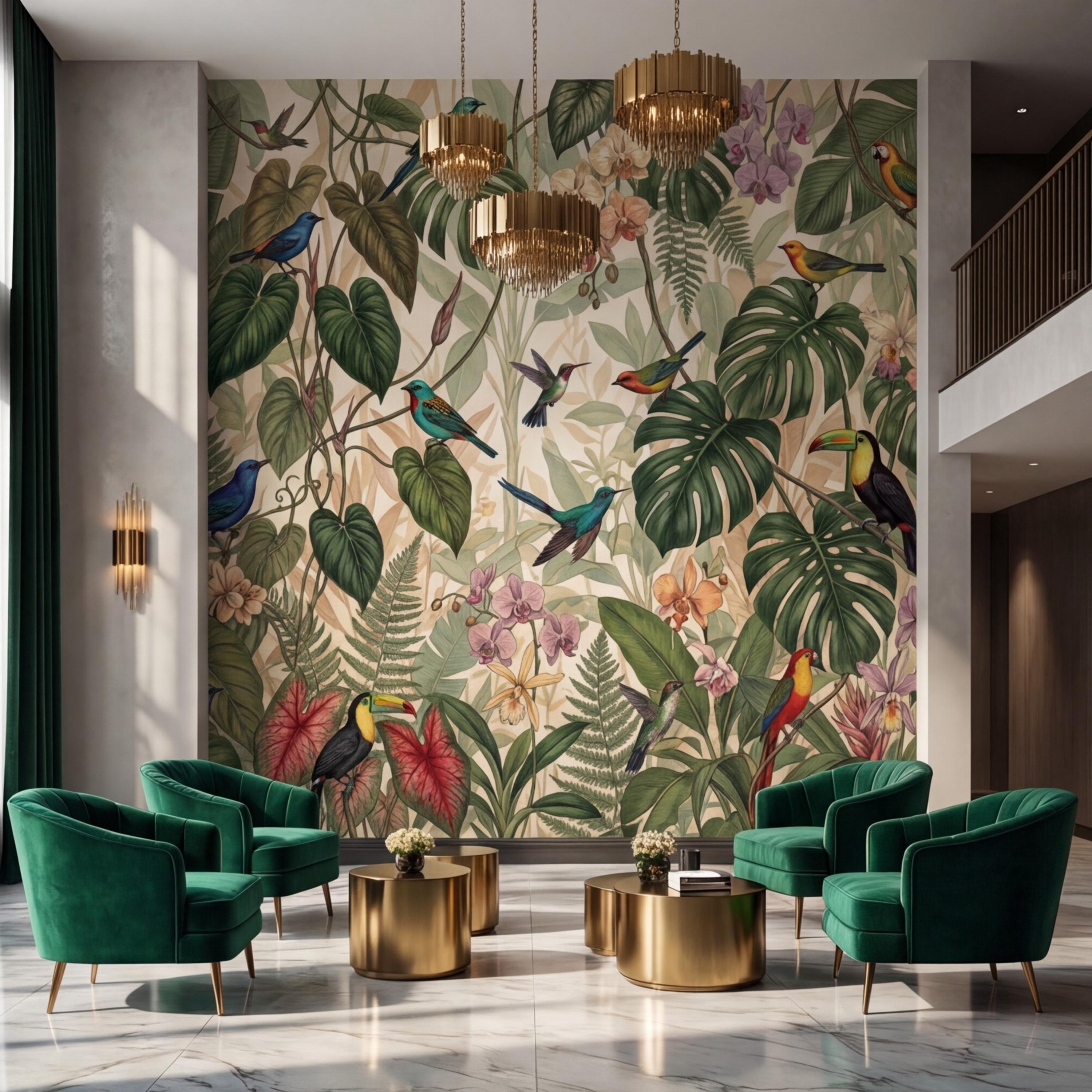Tropical Jungle Birds Peel and Stick Wall Mural, Rainforest Monstera Wallpaper, Botanical Jungle Wall Art