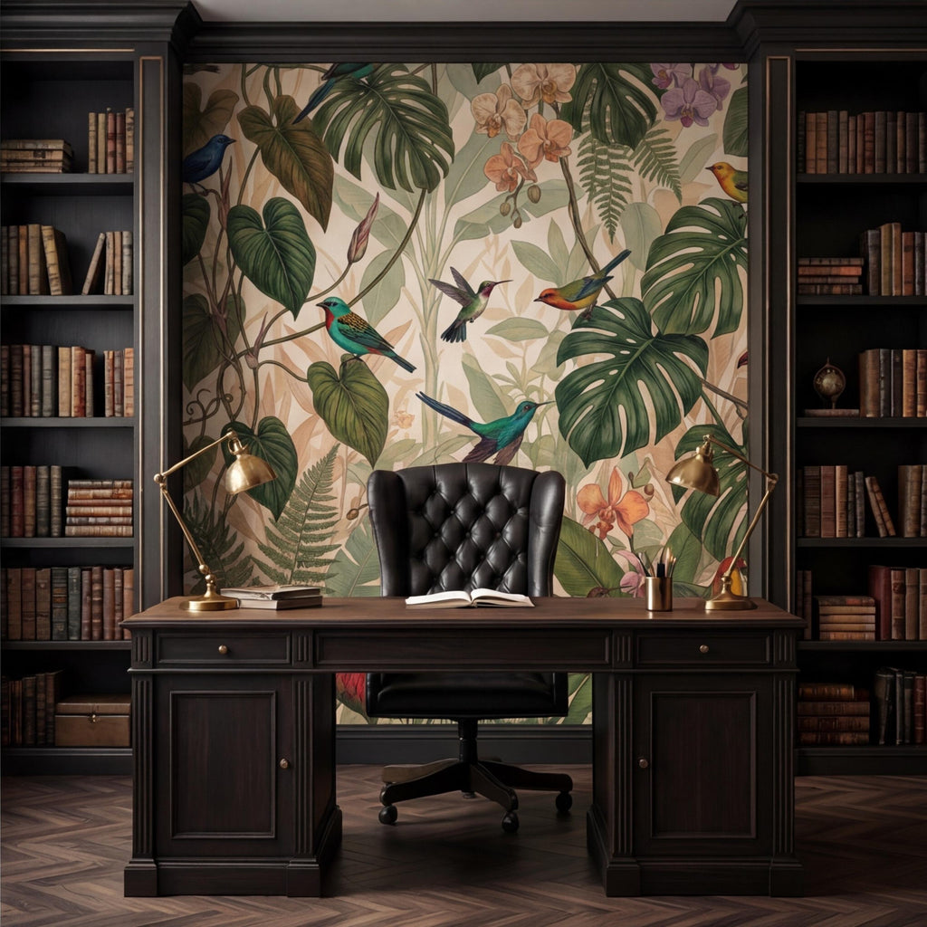 Tropical Jungle Birds Peel and Stick Wall Mural, Rainforest Monstera Wallpaper, Botanical Jungle Wall Art