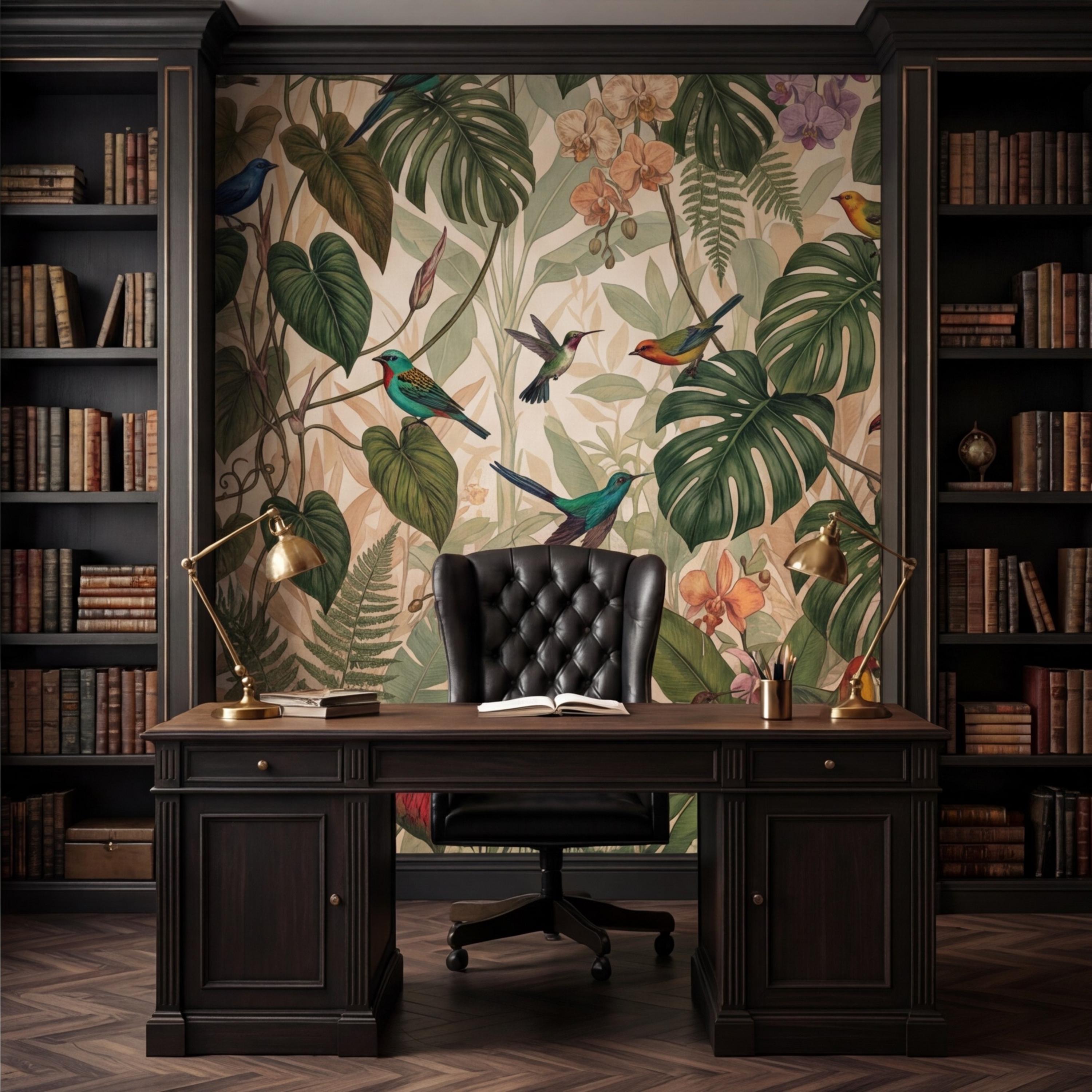 Tropical Jungle Birds Peel and Stick Wall Mural, Rainforest Monstera Wallpaper, Botanical Jungle Wall Art