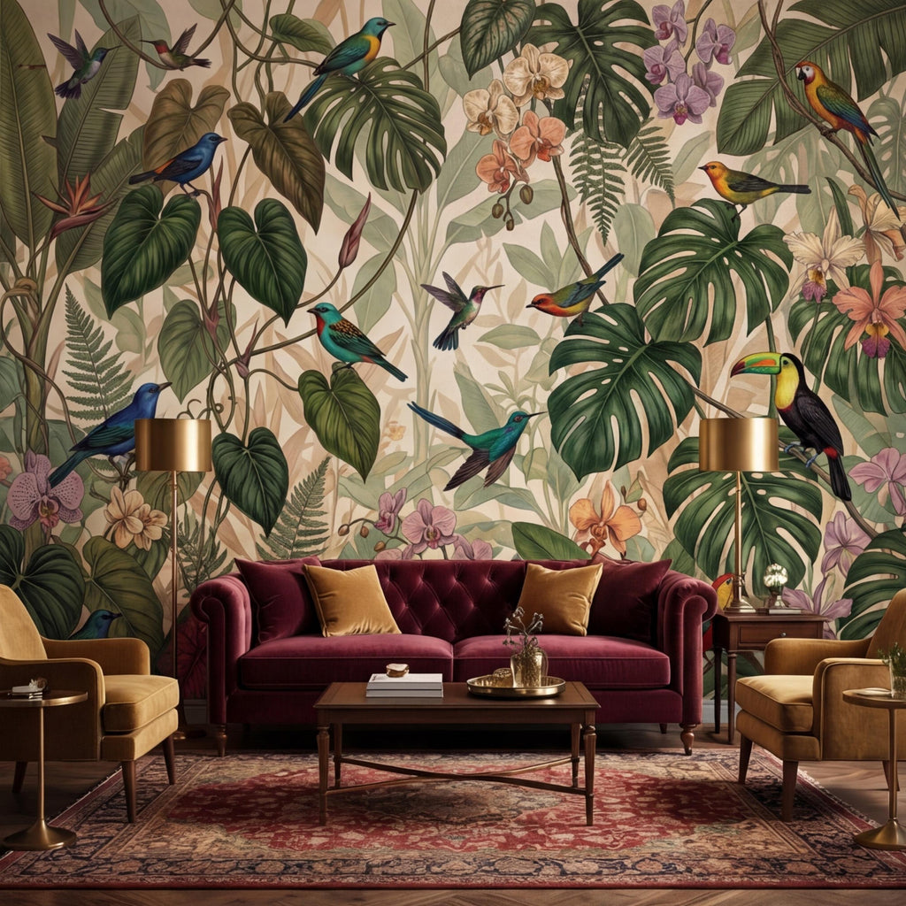 Tropical Jungle Birds Peel and Stick Wall Mural, Rainforest Monstera Wallpaper, Botanical Jungle Wall Art