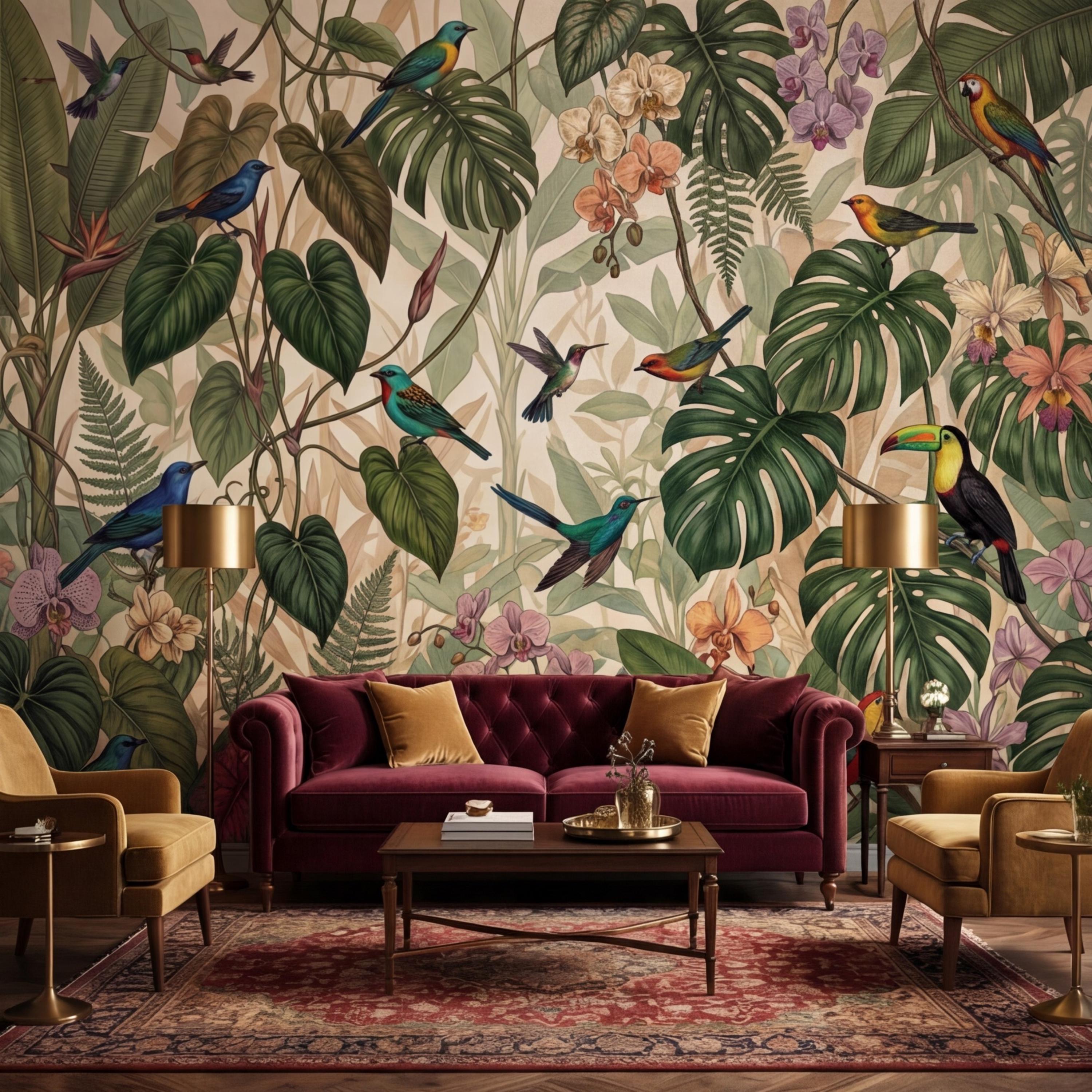 Tropical Jungle Birds Peel and Stick Wall Mural, Rainforest Monstera Wallpaper, Botanical Jungle Wall Art