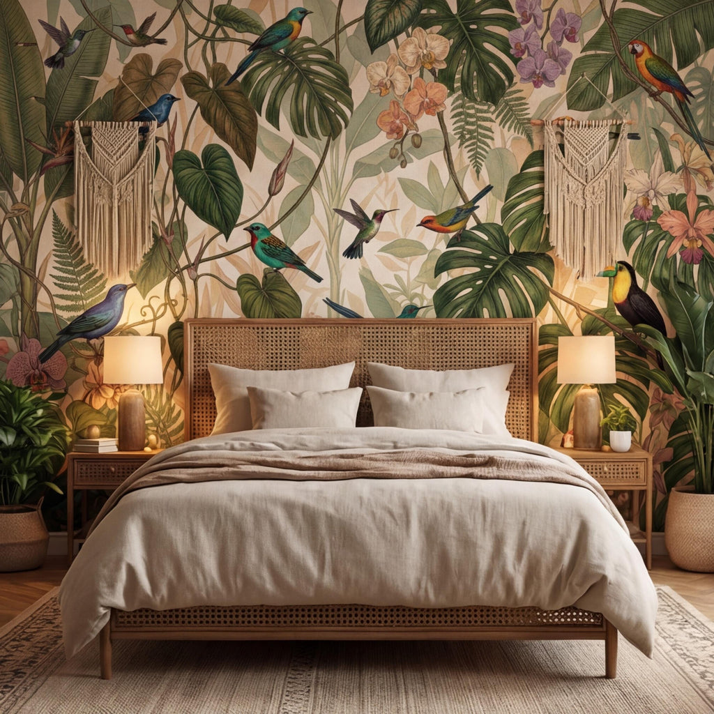 Tropical Jungle Birds Peel and Stick Wall Mural, Rainforest Monstera Wallpaper, Botanical Jungle Wall Art