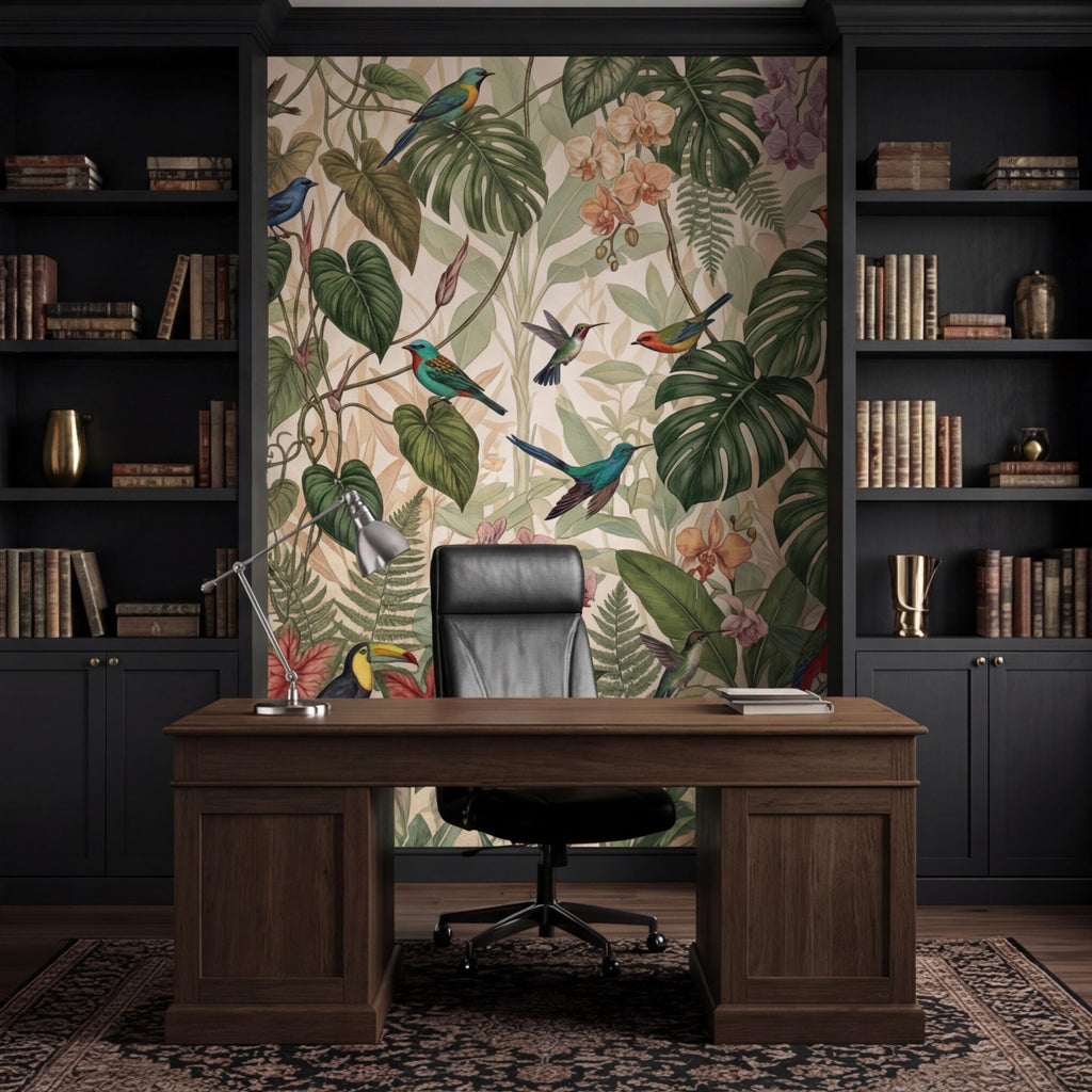 Tropical Jungle Birds Peel and Stick Wall Mural, Rainforest Monstera Wallpaper, Botanical Jungle Wall Art
