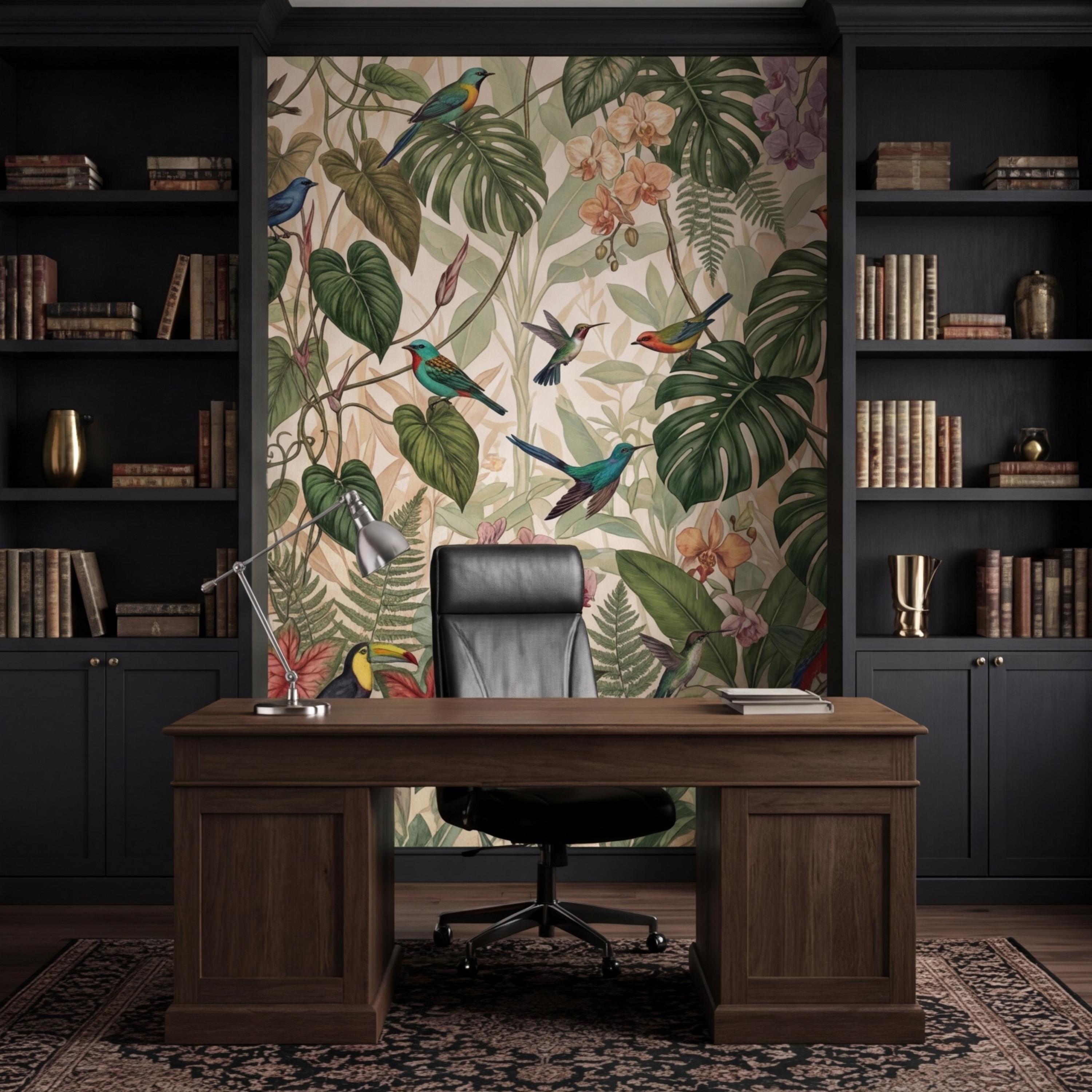 Tropical Jungle Birds Peel and Stick Wall Mural, Rainforest Monstera Wallpaper, Botanical Jungle Wall Art