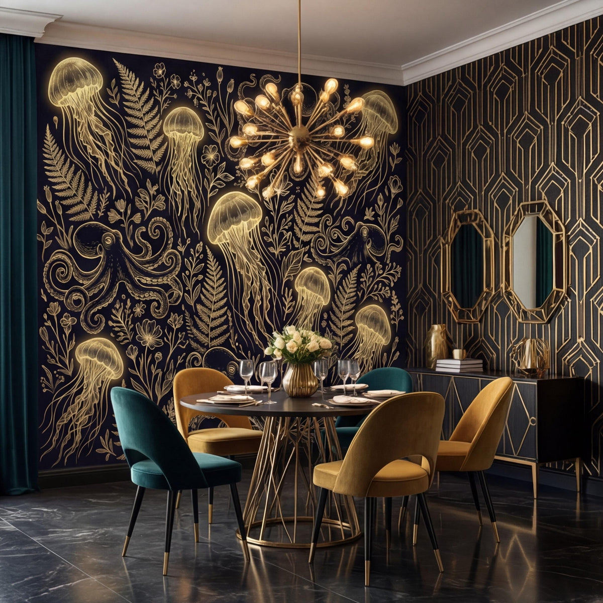 Vintage Gold Look Jellyfish & Octopus Peel and Stick Wallpaper, Dark Ocean Botanical Removable Wall Mural, Luxury Underwater Art Wall Decor - The Fine Art Murals