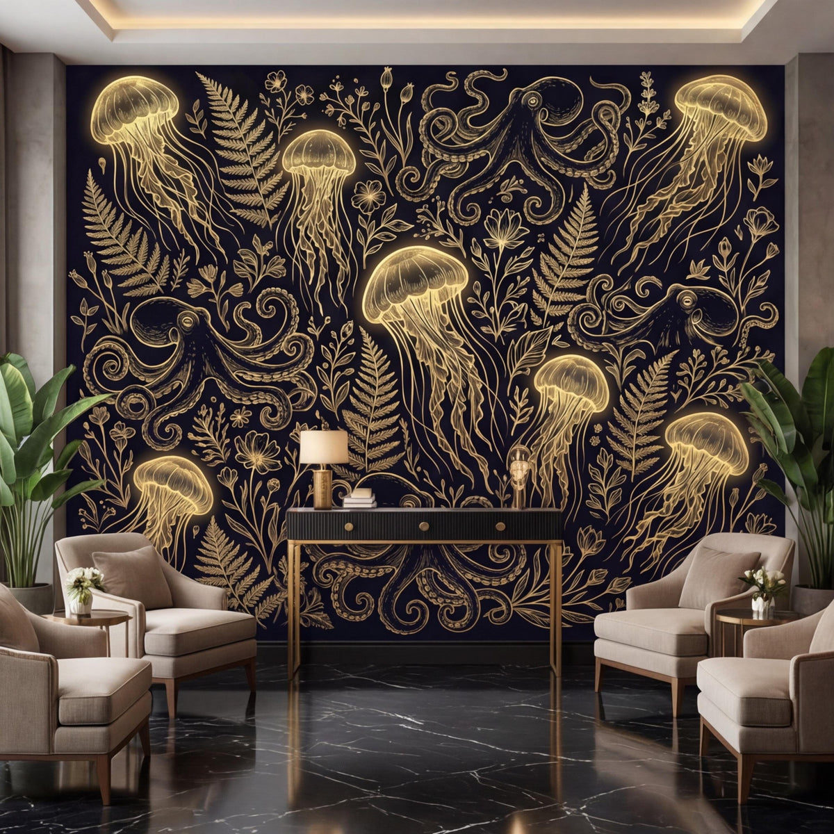 Vintage Gold Look Jellyfish & Octopus Peel and Stick Wallpaper, Dark Ocean Botanical Removable Wall Mural, Luxury Underwater Art Wall Decor - The Fine Art Murals