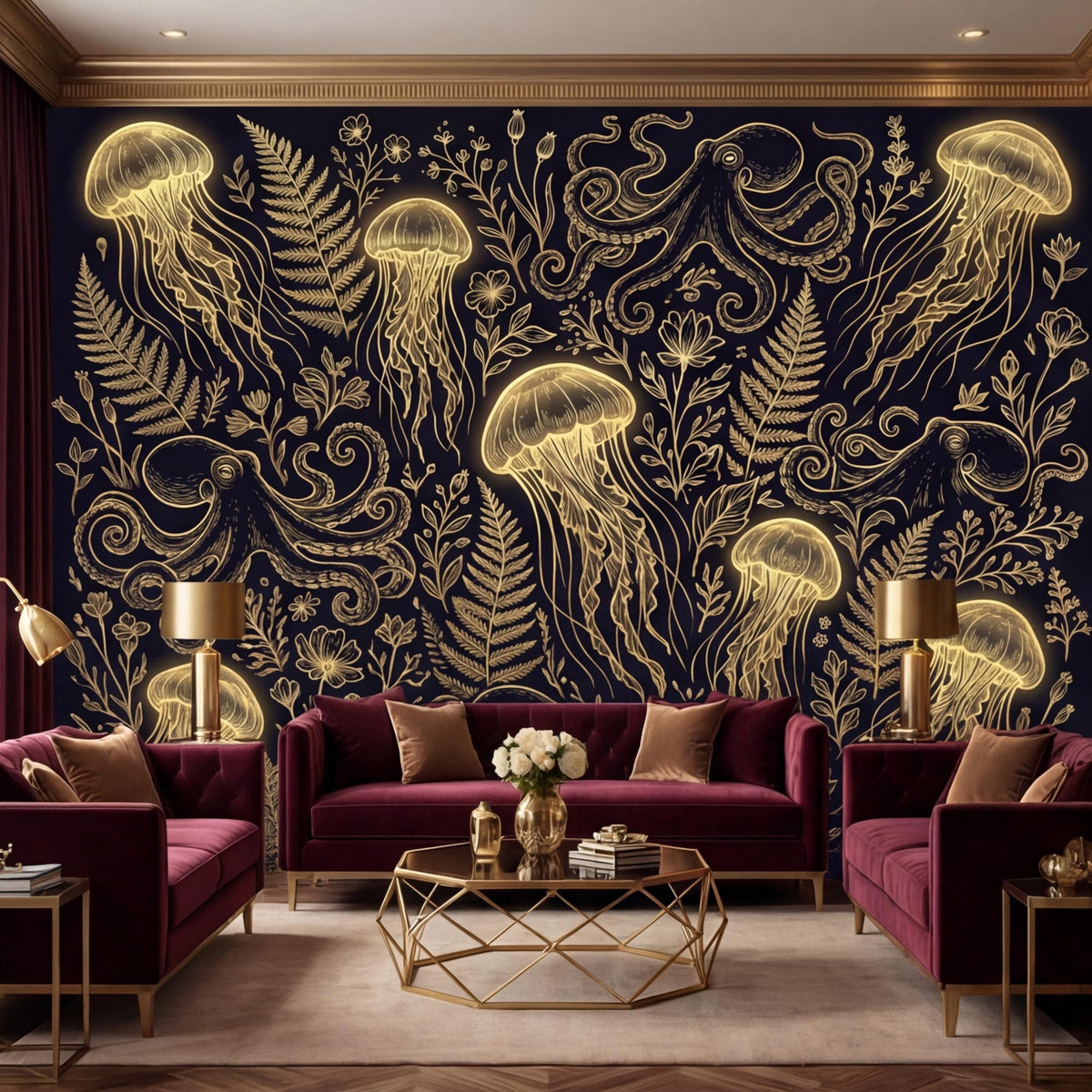 Vintage Gold Look Jellyfish & Octopus Peel and Stick Wallpaper, Dark Ocean Botanical Removable Wall Mural, Luxury Underwater Art Wall Decor - The Fine Art Murals