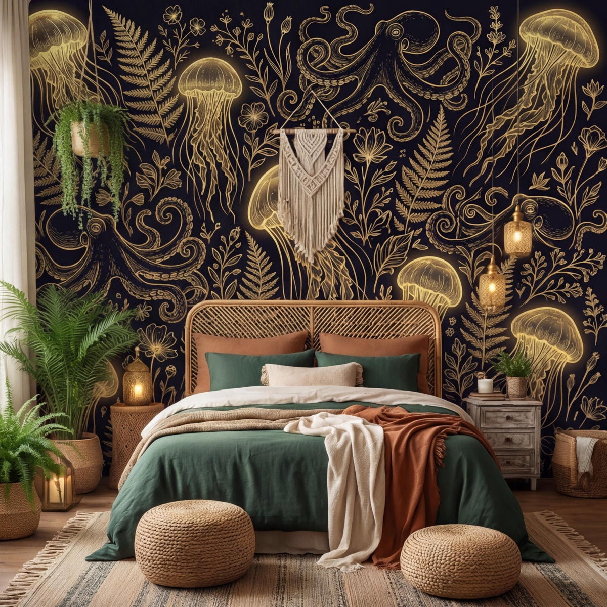 Vintage Gold Look Jellyfish & Octopus Peel and Stick Wallpaper, Dark Ocean Botanical Removable Wall Mural, Luxury Underwater Art Wall Decor - The Fine Art Murals