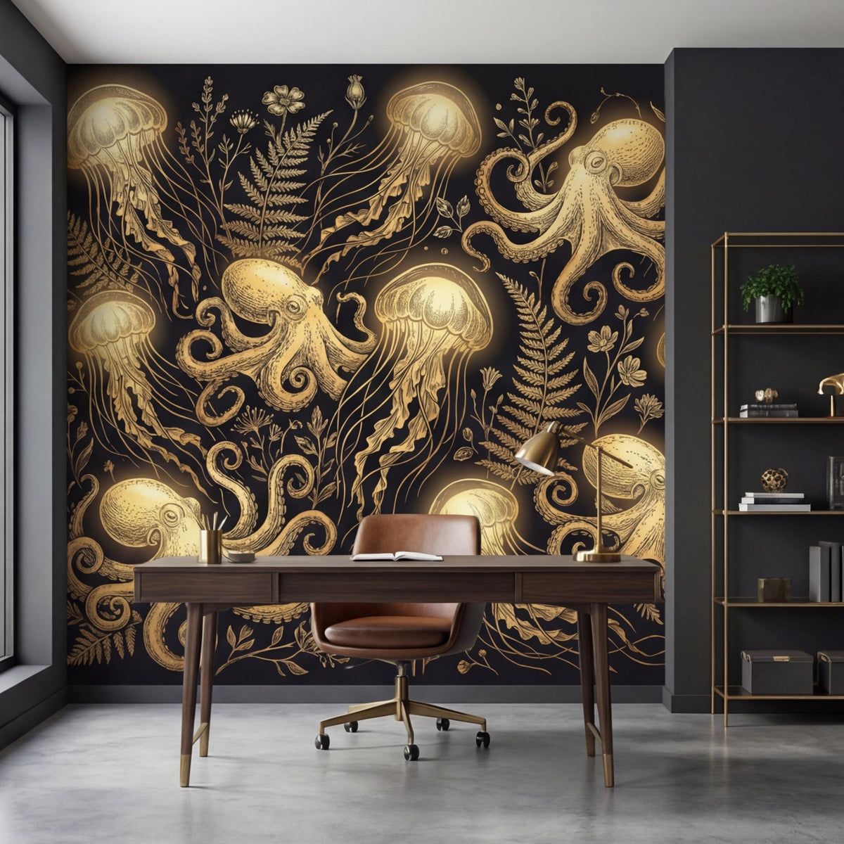 Gold octopus and jellyfish wall mural on dark background with fern and leaf details