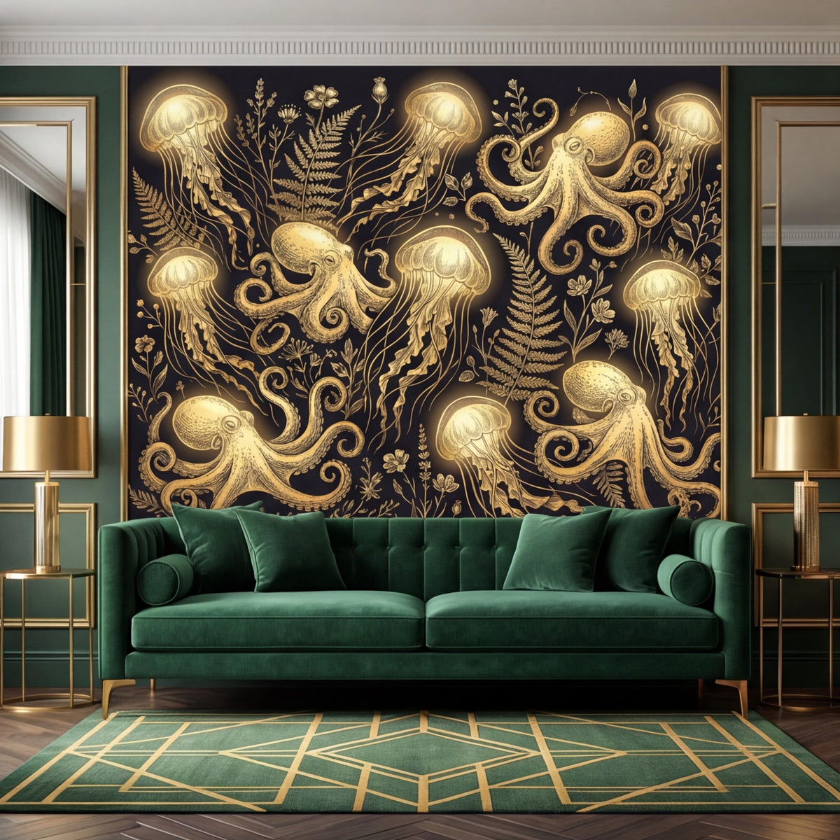 Dark ocean wall mural with gold octopus, jellyfish, and swirling botanical fronds