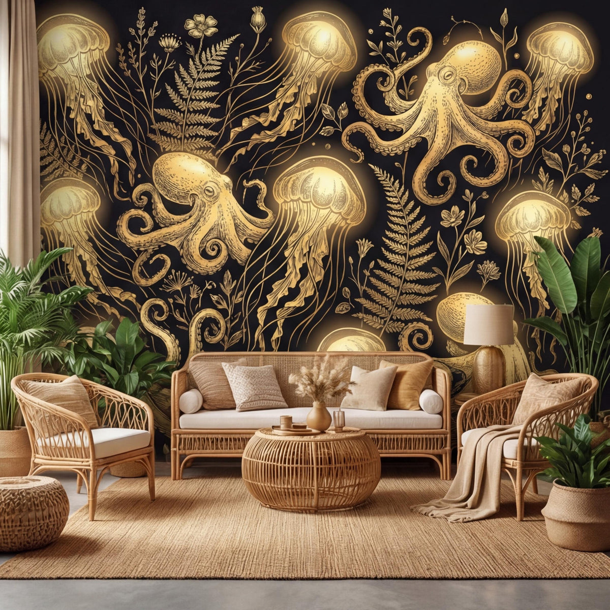 Dark ocean wall mural with gold octopus, jellyfish, and botanical vine scrollwork