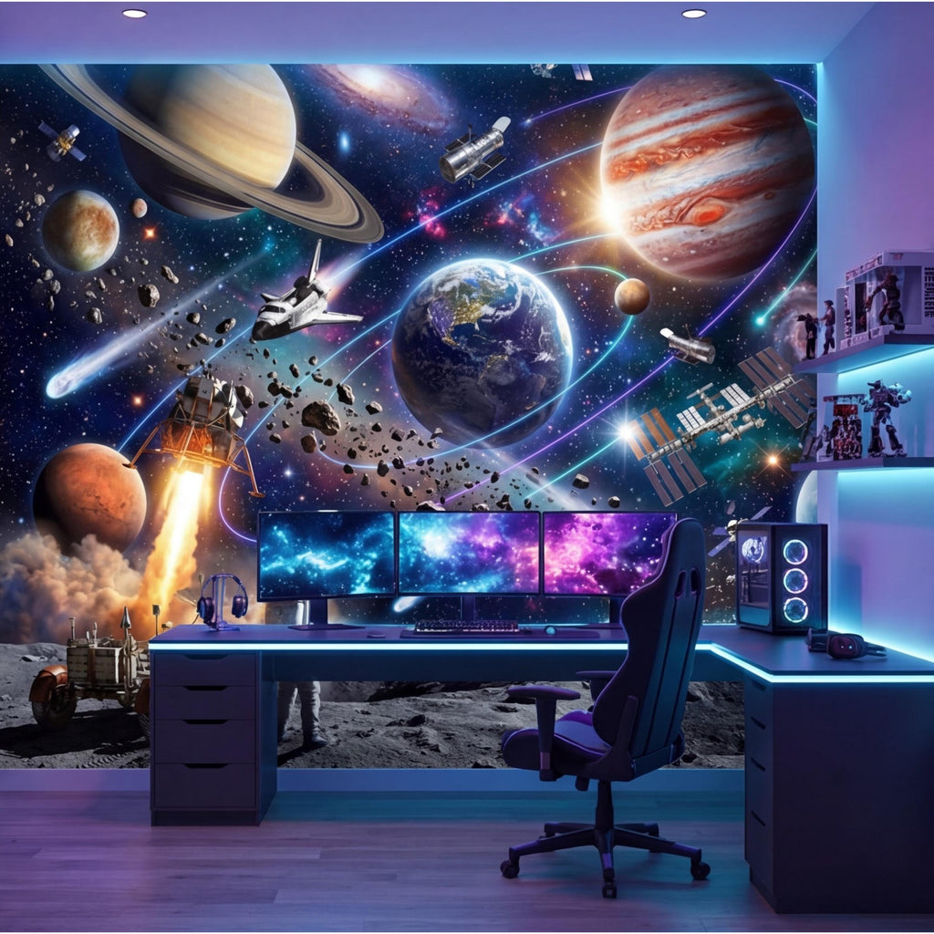 Space Galaxy Planets Peel and Stick Wall Mural, Astronaut Kids Room Removable Wallpaper, Boys Bedroom Decor