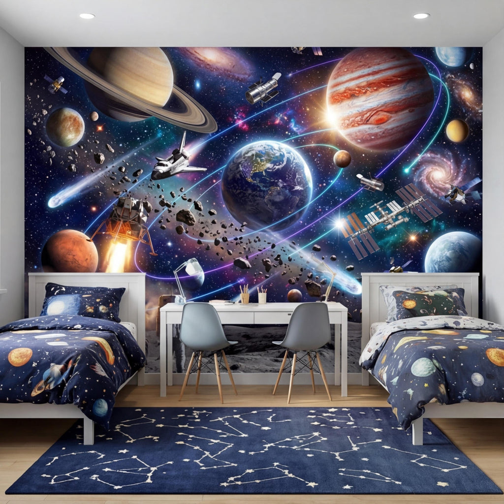 Space Galaxy Planets Peel and Stick Wall Mural, Astronaut Kids Room Removable Wallpaper, Boys Bedroom Decor