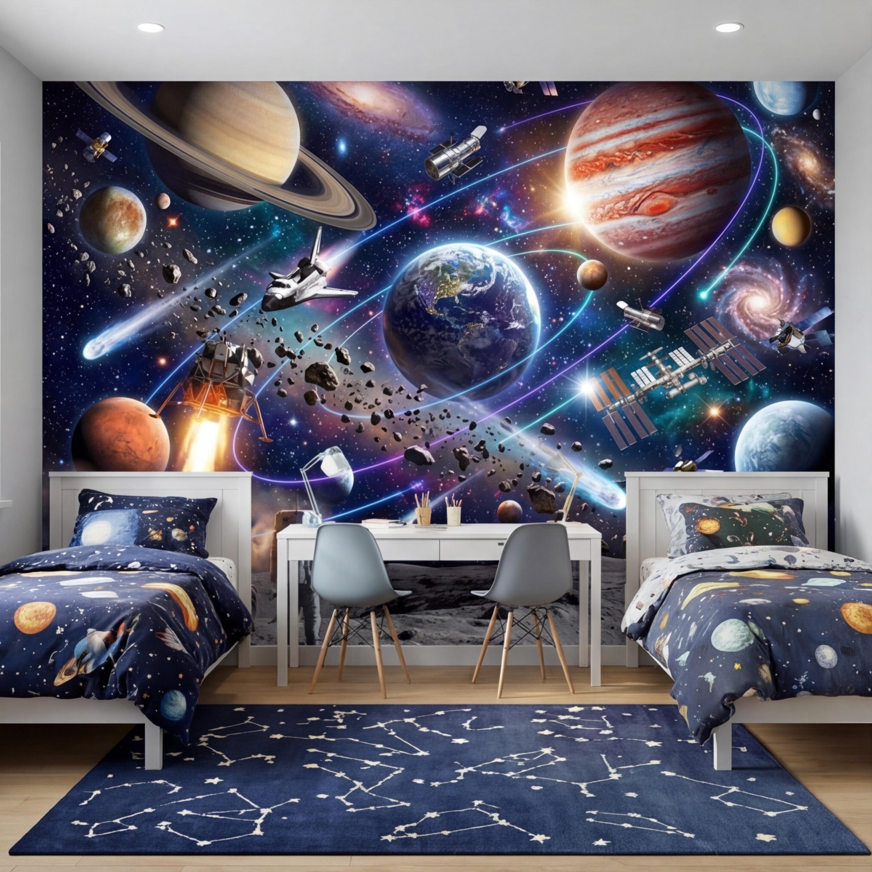 Space Galaxy Planets Peel and Stick Wall Mural, Astronaut Kids Room Removable Wallpaper, Boys Bedroom Decor