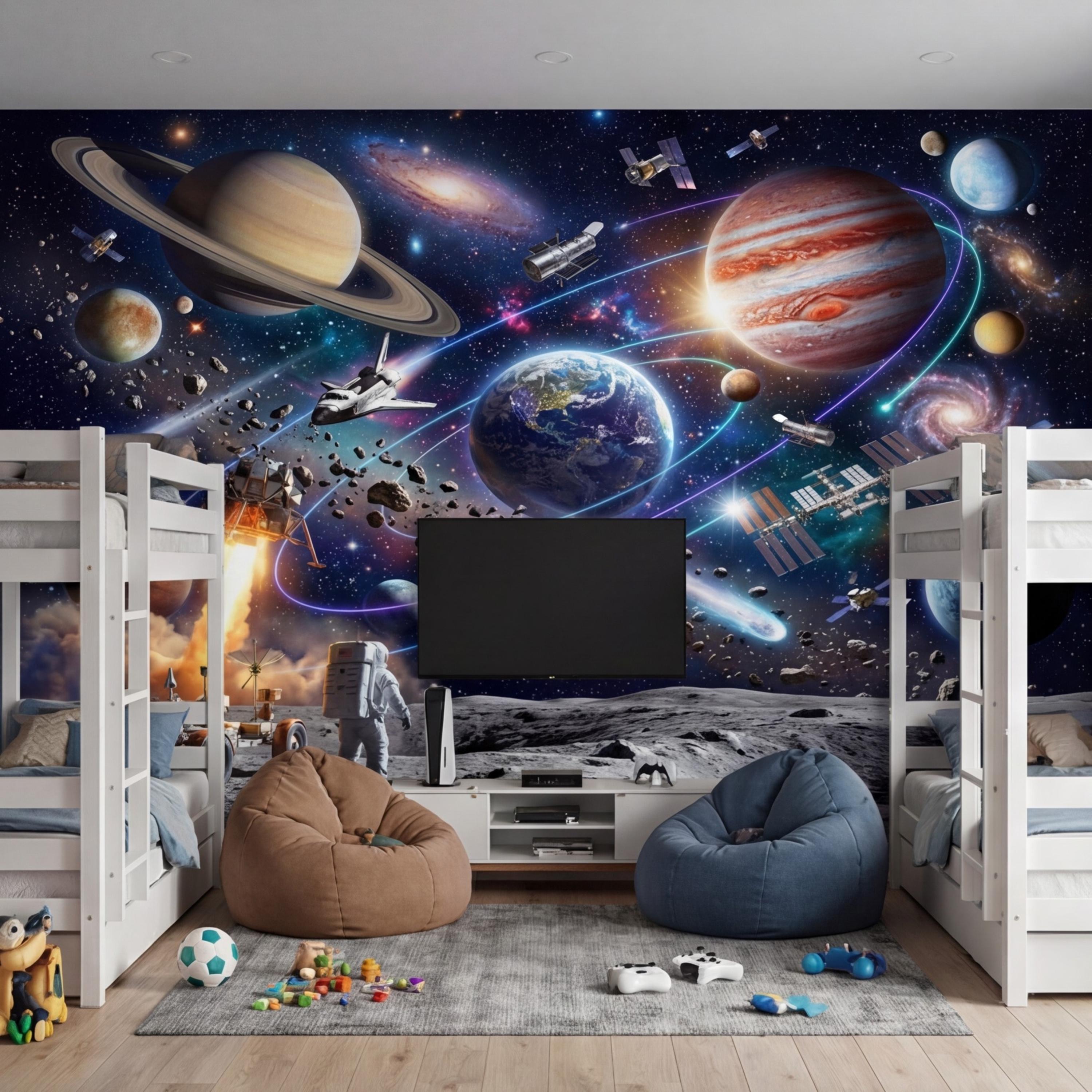 Space Galaxy Planets Peel and Stick Wall Mural, Astronaut Kids Room Removable Wallpaper, Boys Bedroom Decor