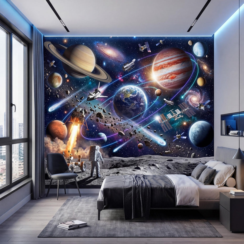 Space Galaxy Planets Peel and Stick Wall Mural, Astronaut Kids Room Removable Wallpaper, Boys Bedroom Decor