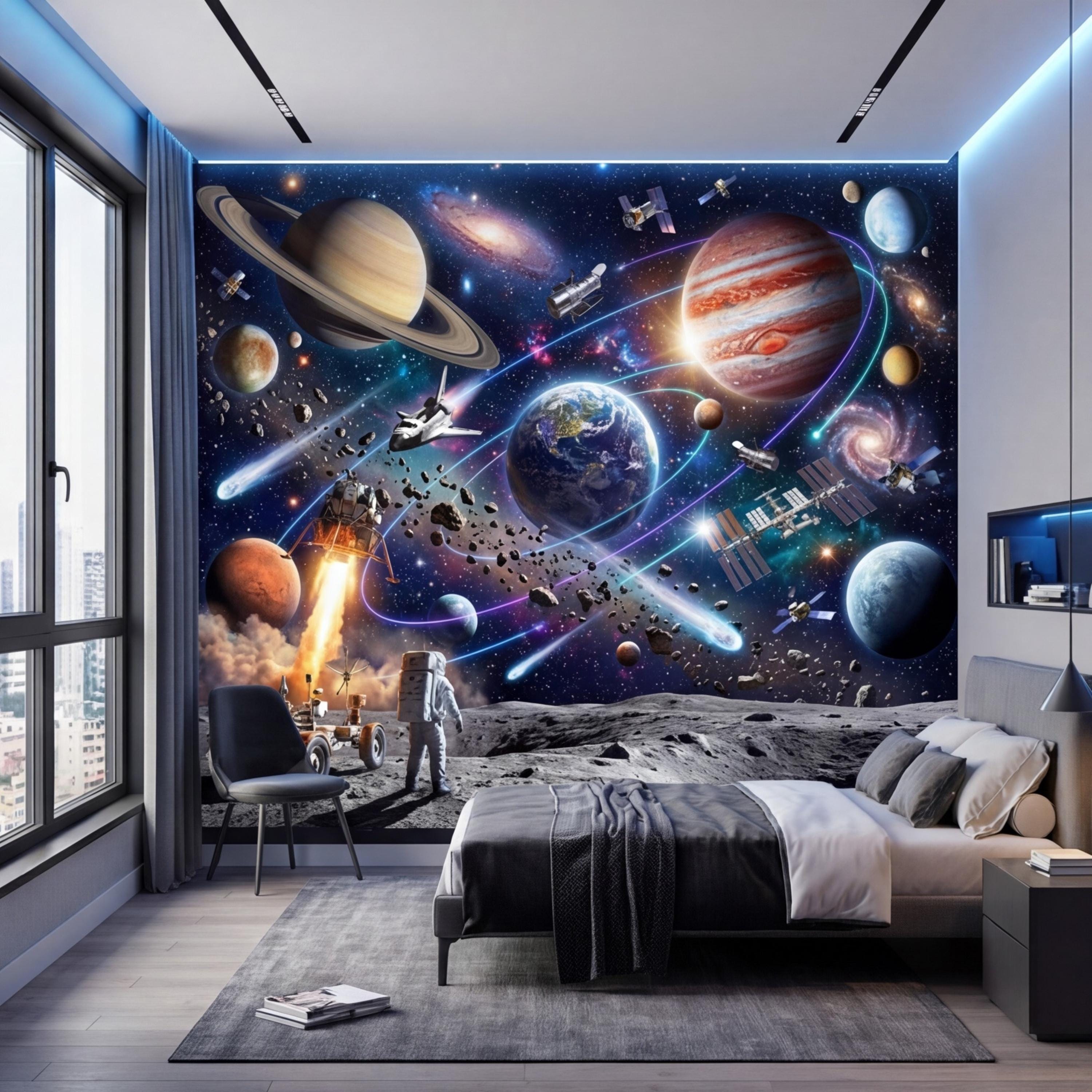 Space Galaxy Planets Peel and Stick Wall Mural, Astronaut Kids Room Removable Wallpaper, Boys Bedroom Decor