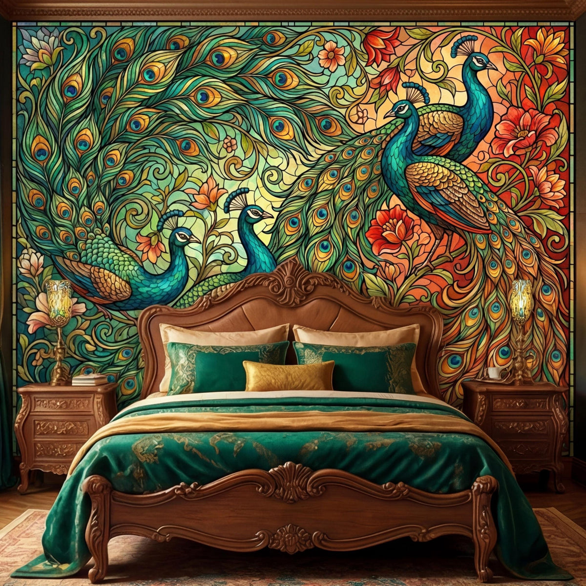 Peacock floral Art Nouveau wall mural with teal peacock and orange-red blossoms