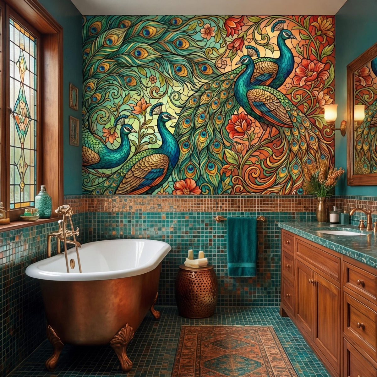 Peacock floral Art Nouveau wall mural with teal peacocks and orange blossoms