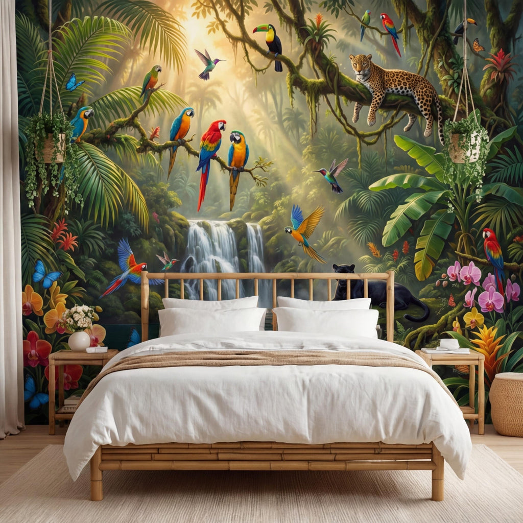 Tropical Jungle Peel and Stick Wall Mural, Rainforest Waterfall Parrots Leopard Panther Removable Wallpaper