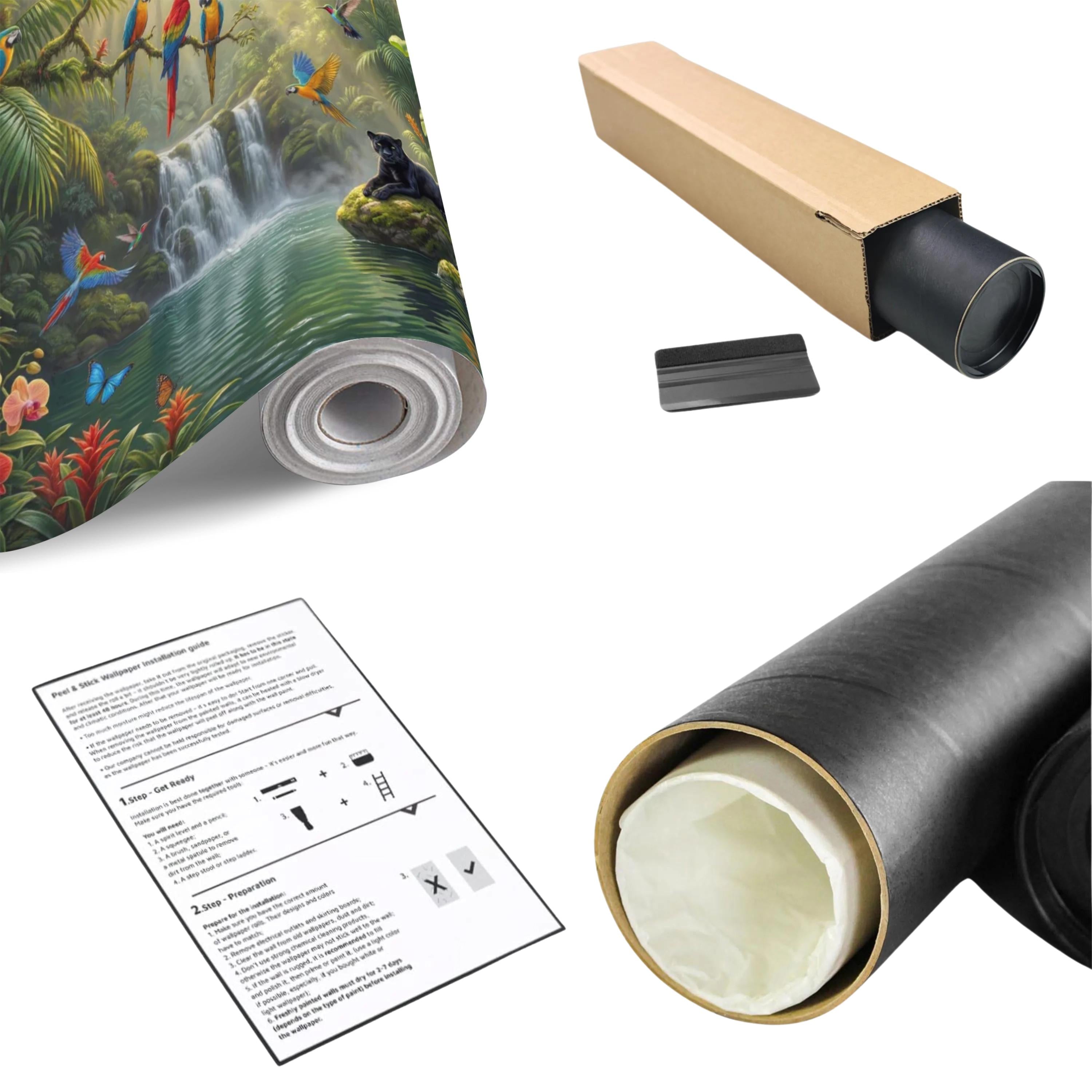 Tropical Jungle Peel and Stick Wall Mural, Rainforest Waterfall Parrots Leopard Panther Removable Wallpaper